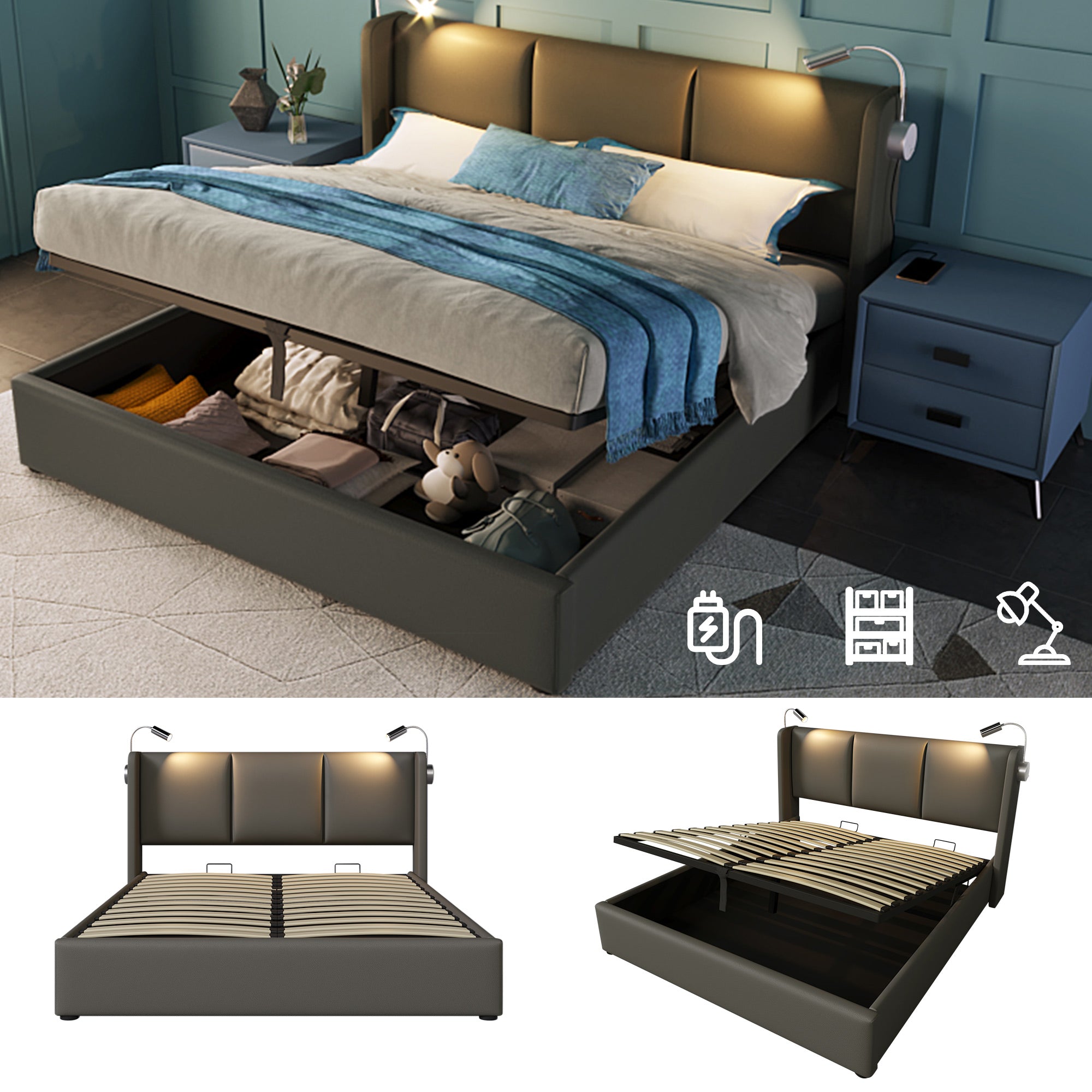 Logidon upholstered bed 160x200 with storage space, reading light charging function gray