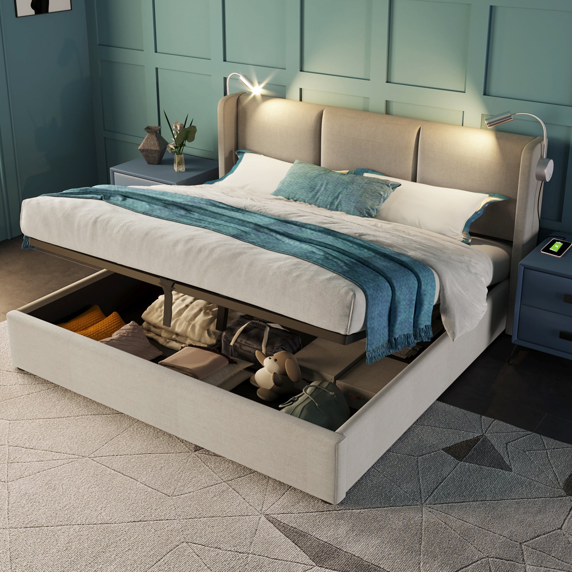 Logidon gestoffeerd bed 140x200 beige linnen opbergruimte met USB leeslampje