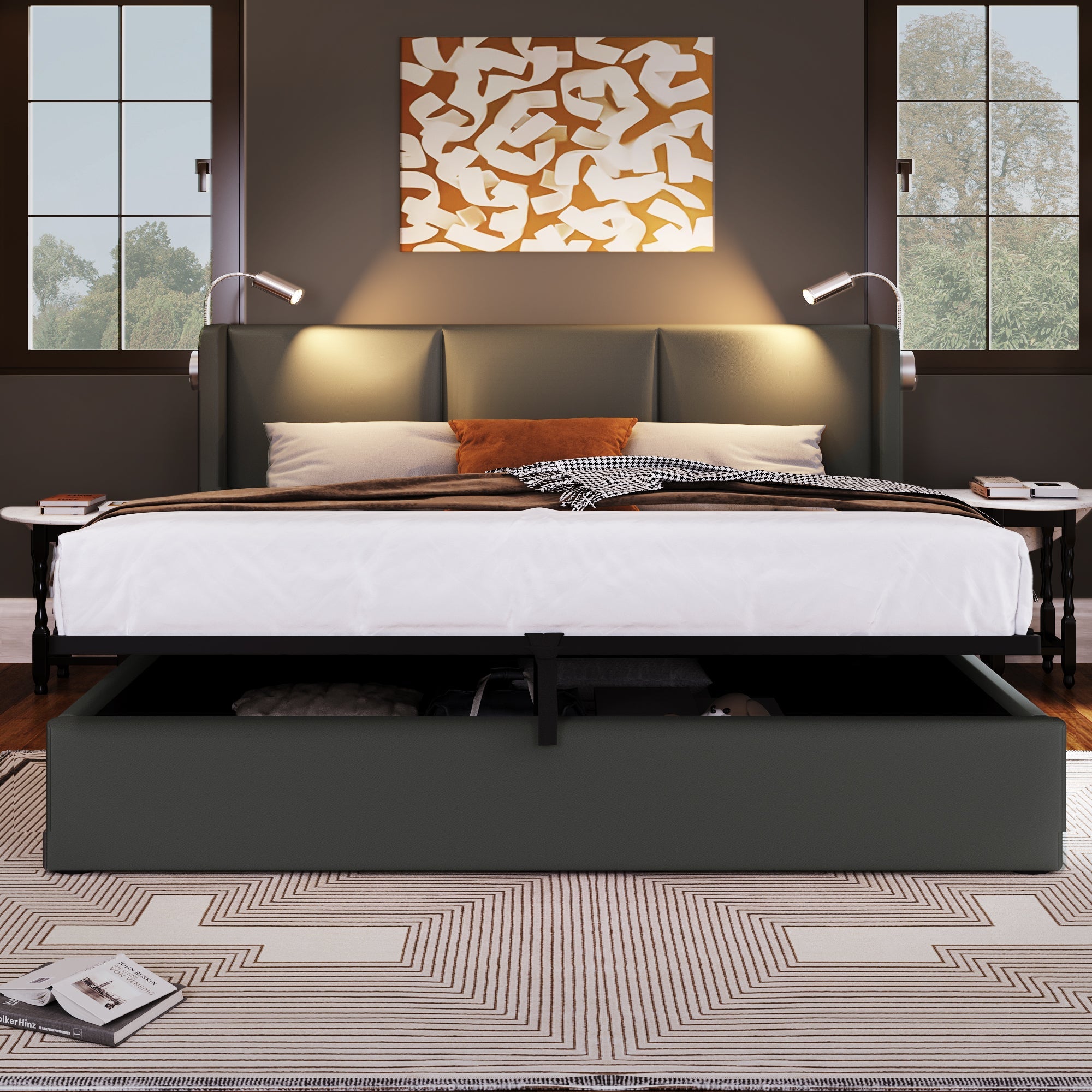 Logidon upholstered bed 140x200 double bed storage space USB charging function gray