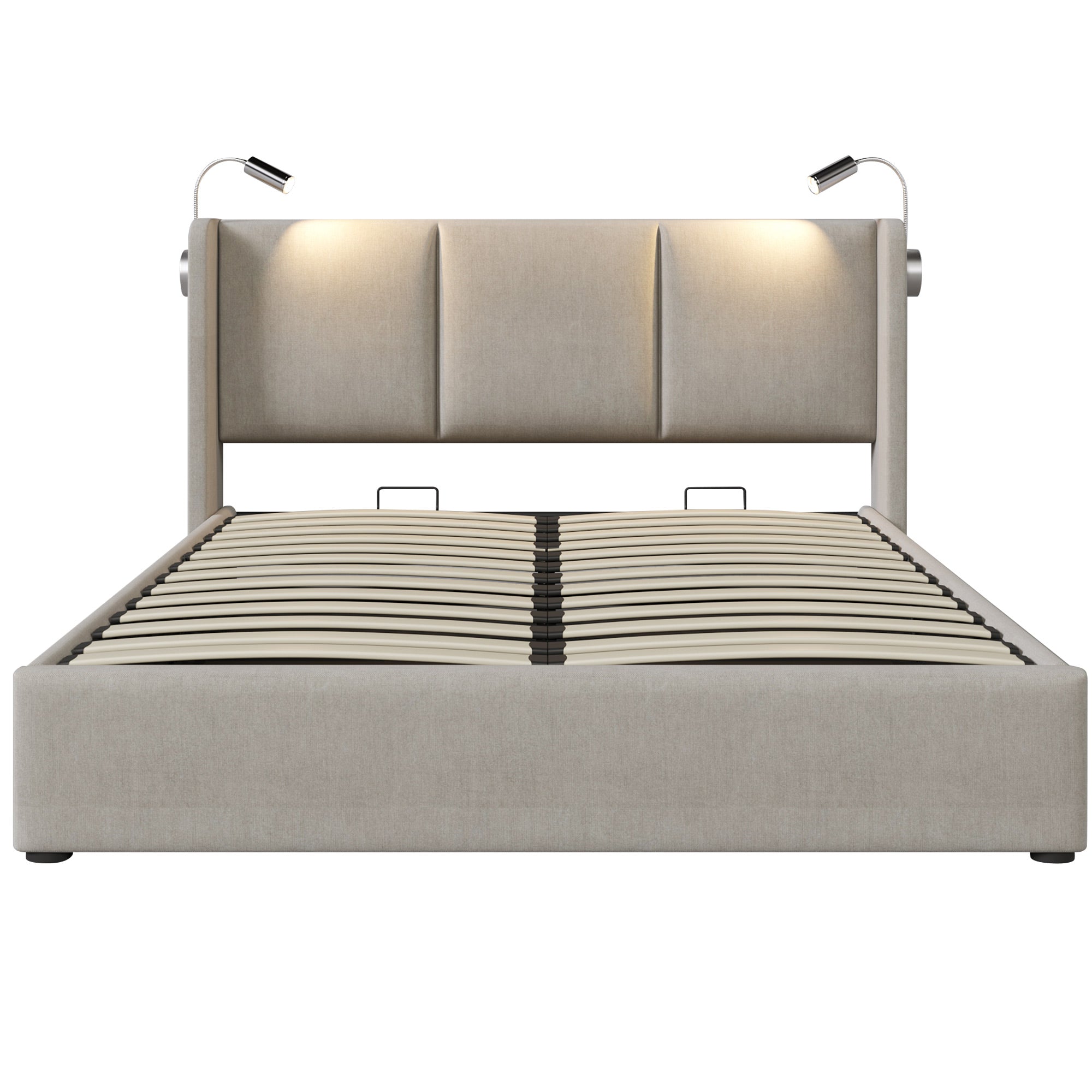 Logidon gestoffeerd bed 140x200 beige linnen opbergruimte met USB leeslampje