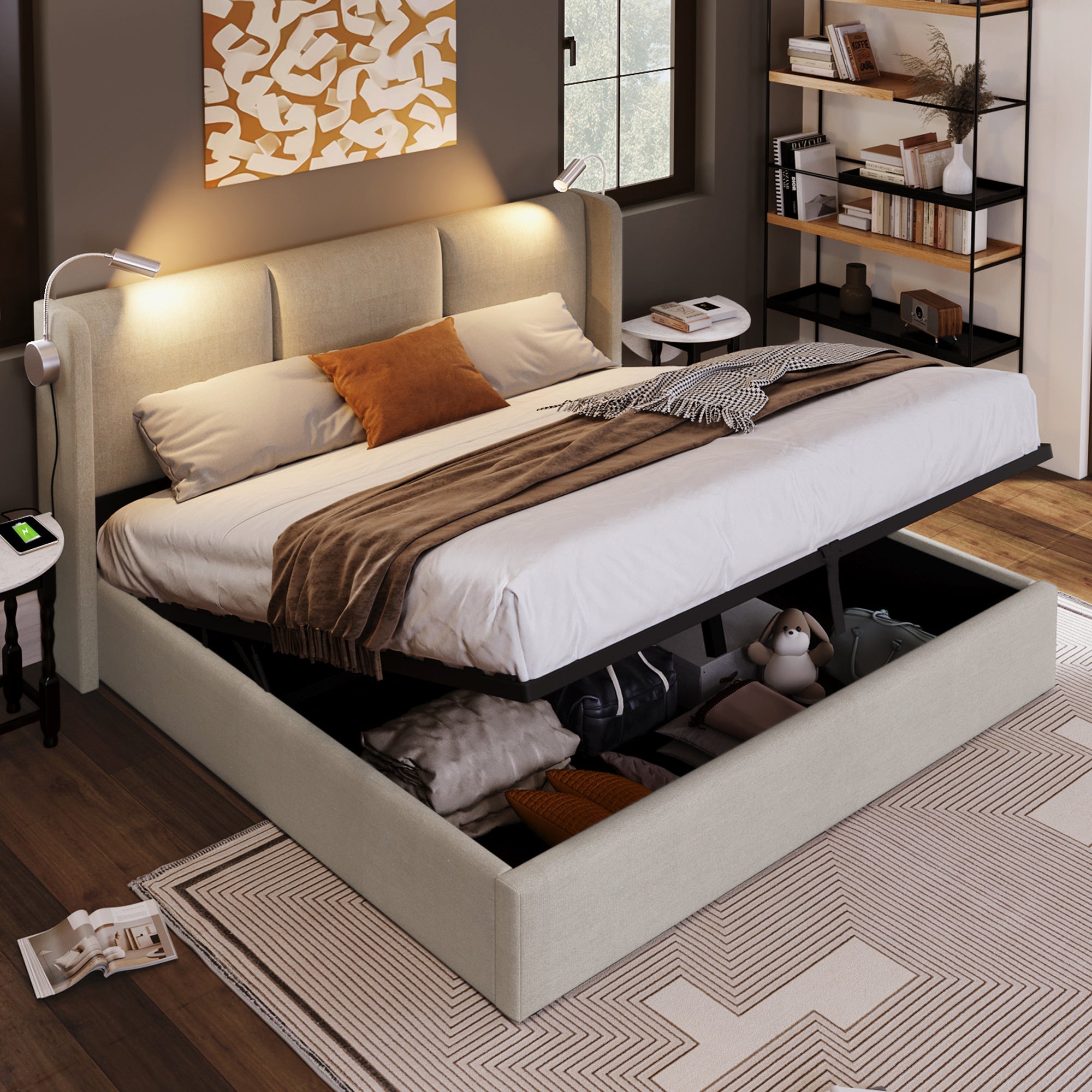 Logidon gestoffeerd bed 140x200 beige met opbergruimte USB oplaadfunctie