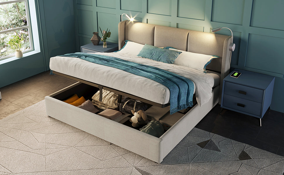 Logidon gestoffeerd bed 140x200 beige met opbergruimte USB oplaadfunctie