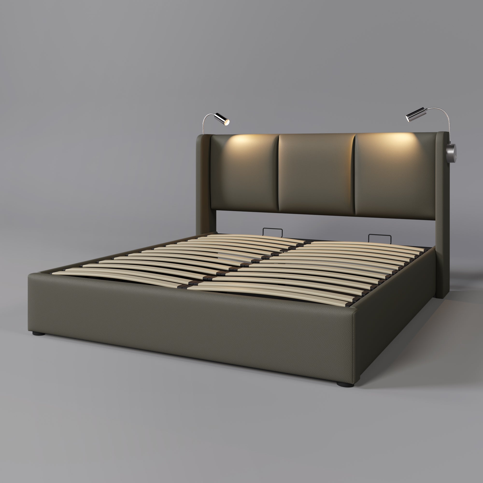 Logidon upholstered bed 160x200 with storage space, reading light charging function gray