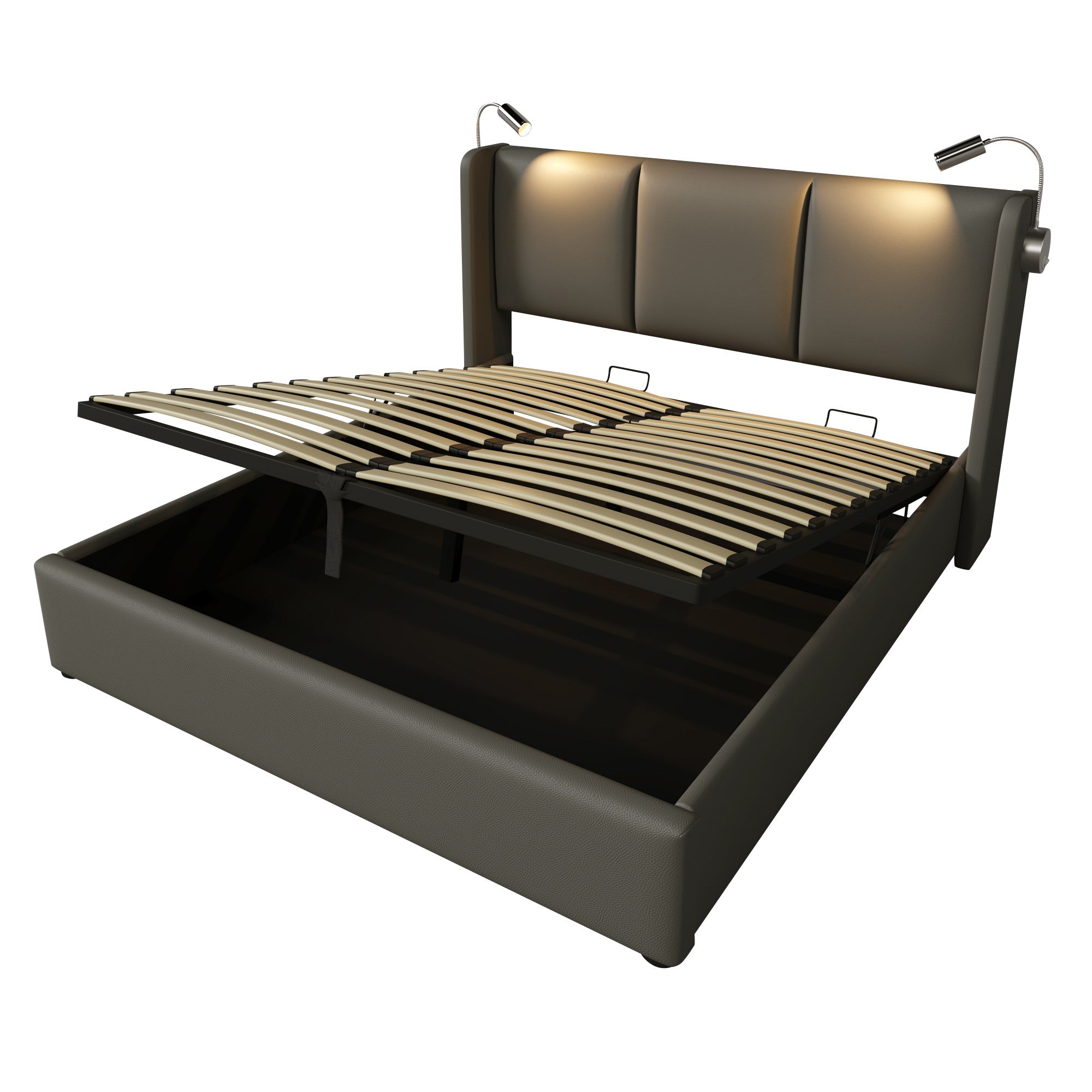 Logidon gestoffeerd bed 140x200 grijs opbergruimte USB oplaadfunctie leeslampje