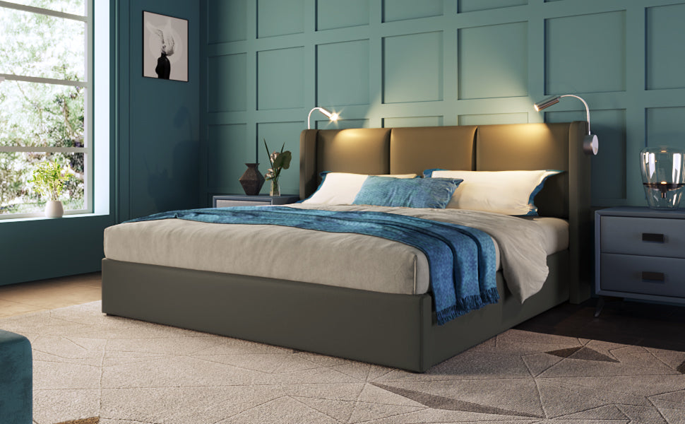 Logidon upholstered bed 140x200 double bed storage space USB charging function gray