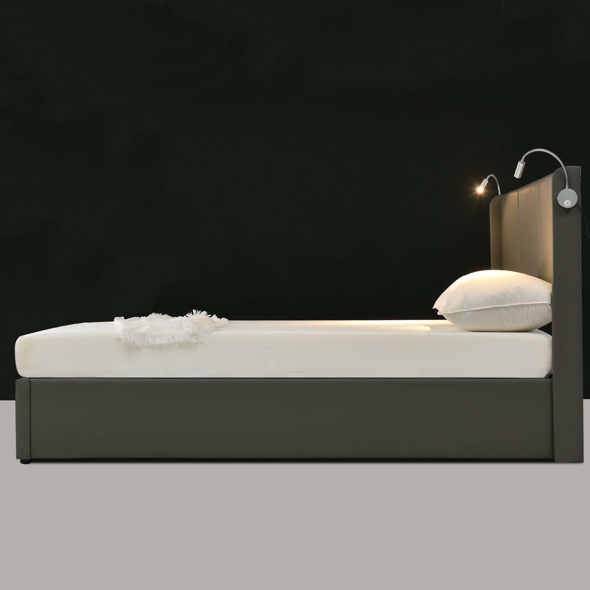 Logidon upholstered bed 140x200 double bed storage space USB charging function gray