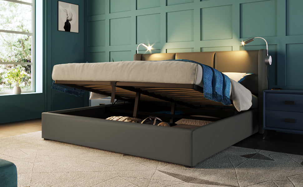 Logidon upholstered bed 140x200 double bed storage space USB charging function gray
