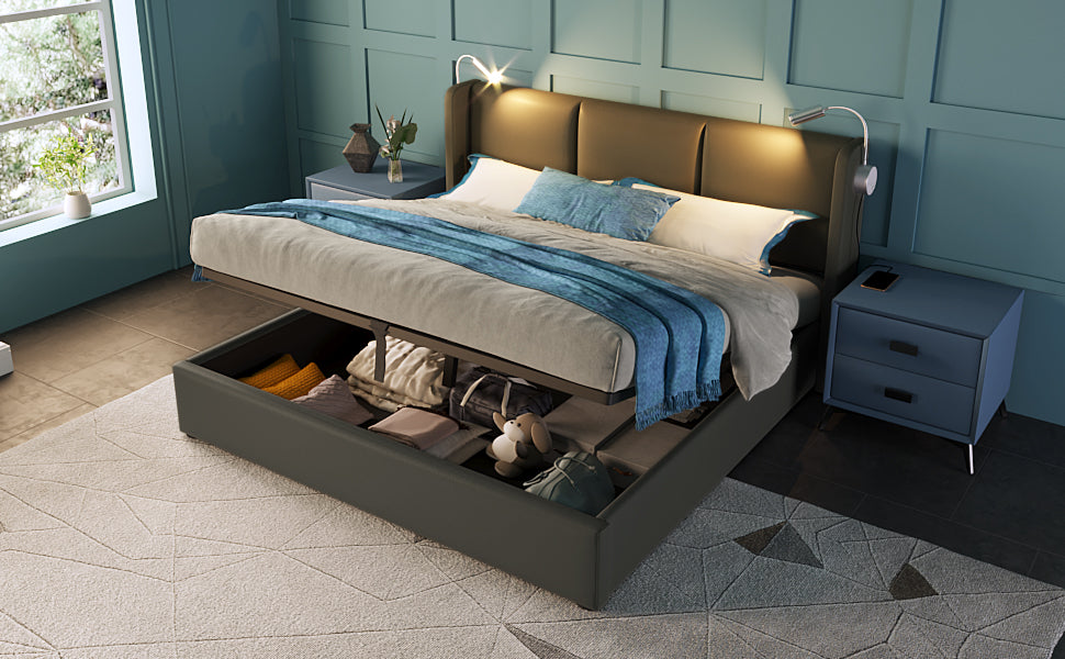 Logidon upholstered bed 140x200 double bed storage space USB charging function gray