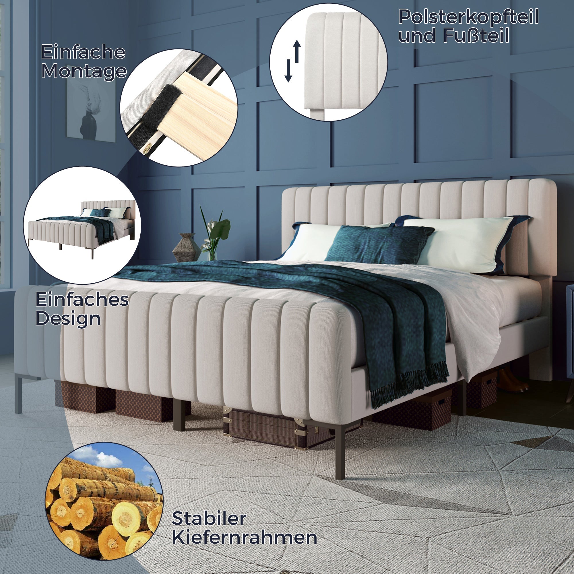 Logidon Gestoffeerd bed 160x200 met verstelbaar hoofdeinde grijsbeige