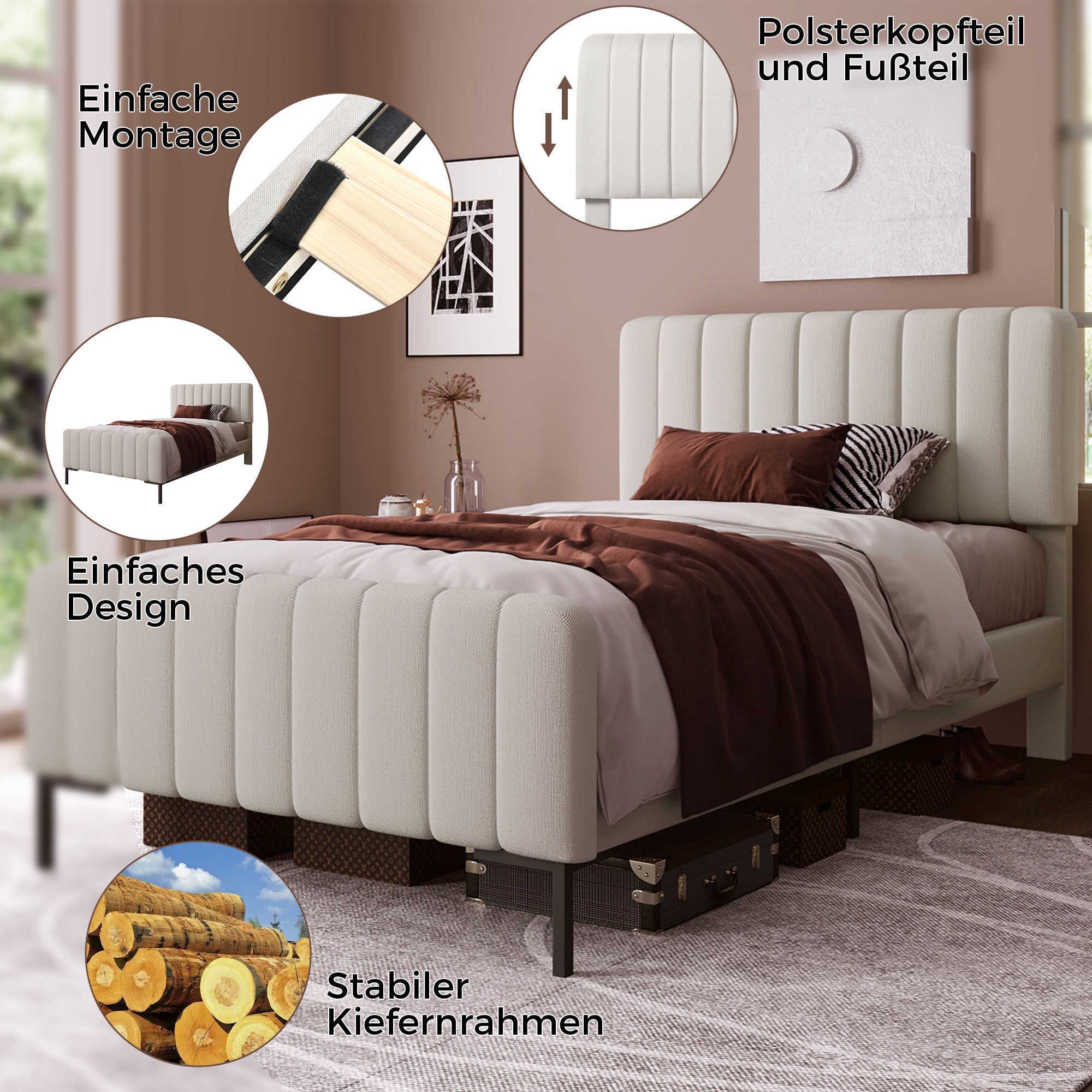 Logidon Gestoffeerd bed 90x200 cm met verstelbaar hoofdbord grijsbeige