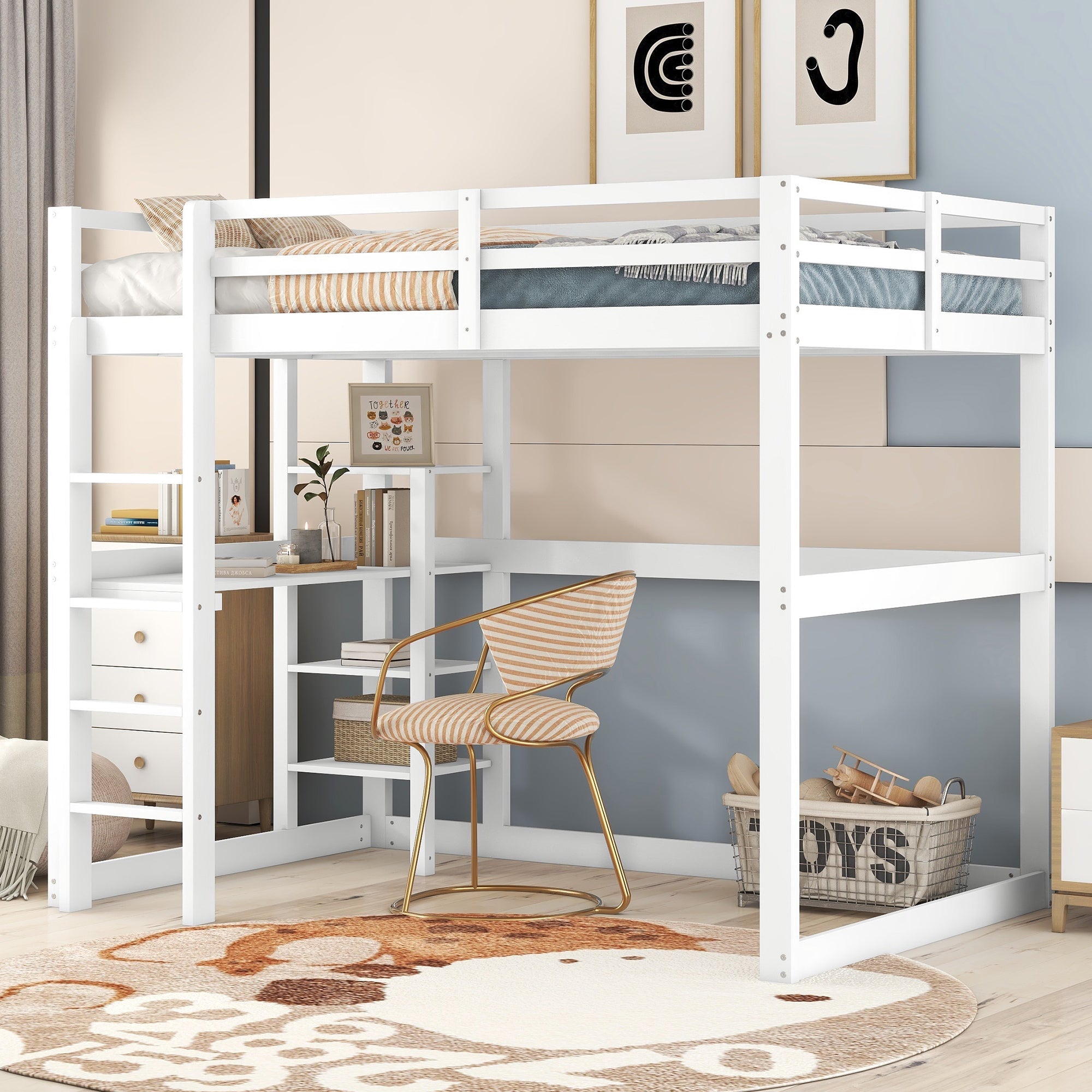Logidon loft bed 140x200 white with desk and storage space