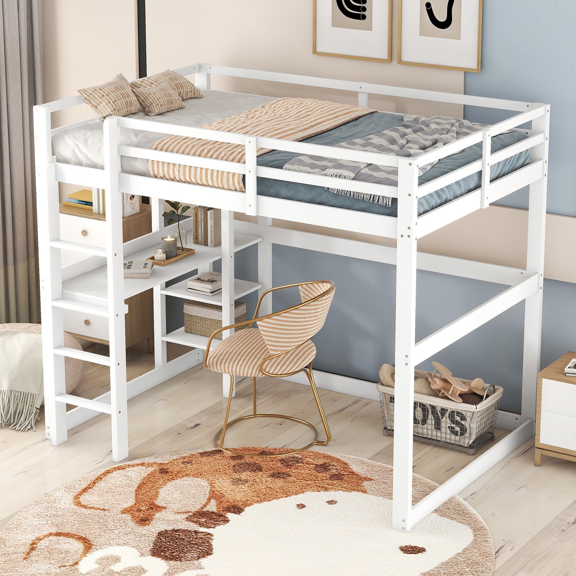 Logidon loft bed 140x200 white with desk and storage space