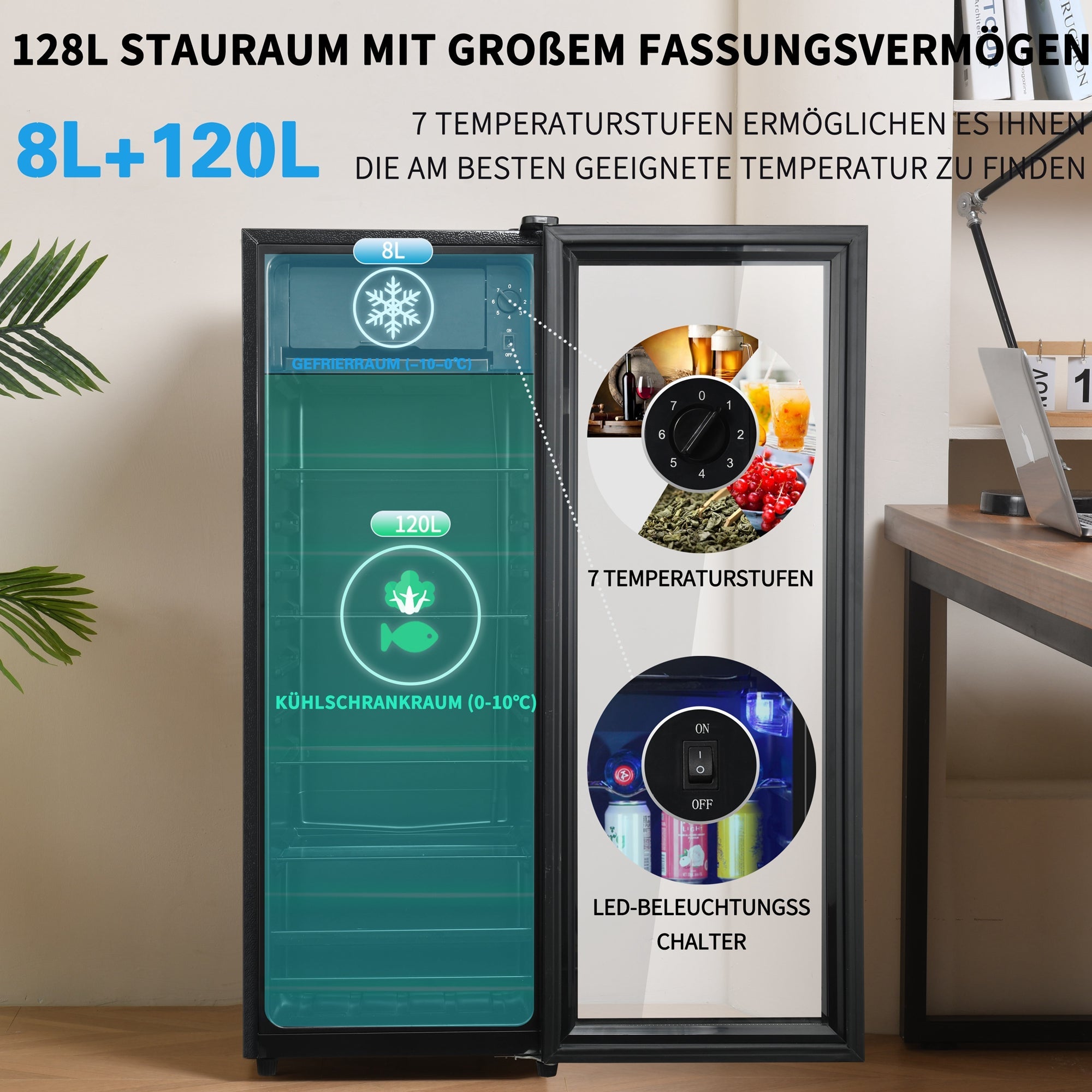 Logidon Minikoelkast 128L Zwart Stille werking 8L vriesgedeelte
