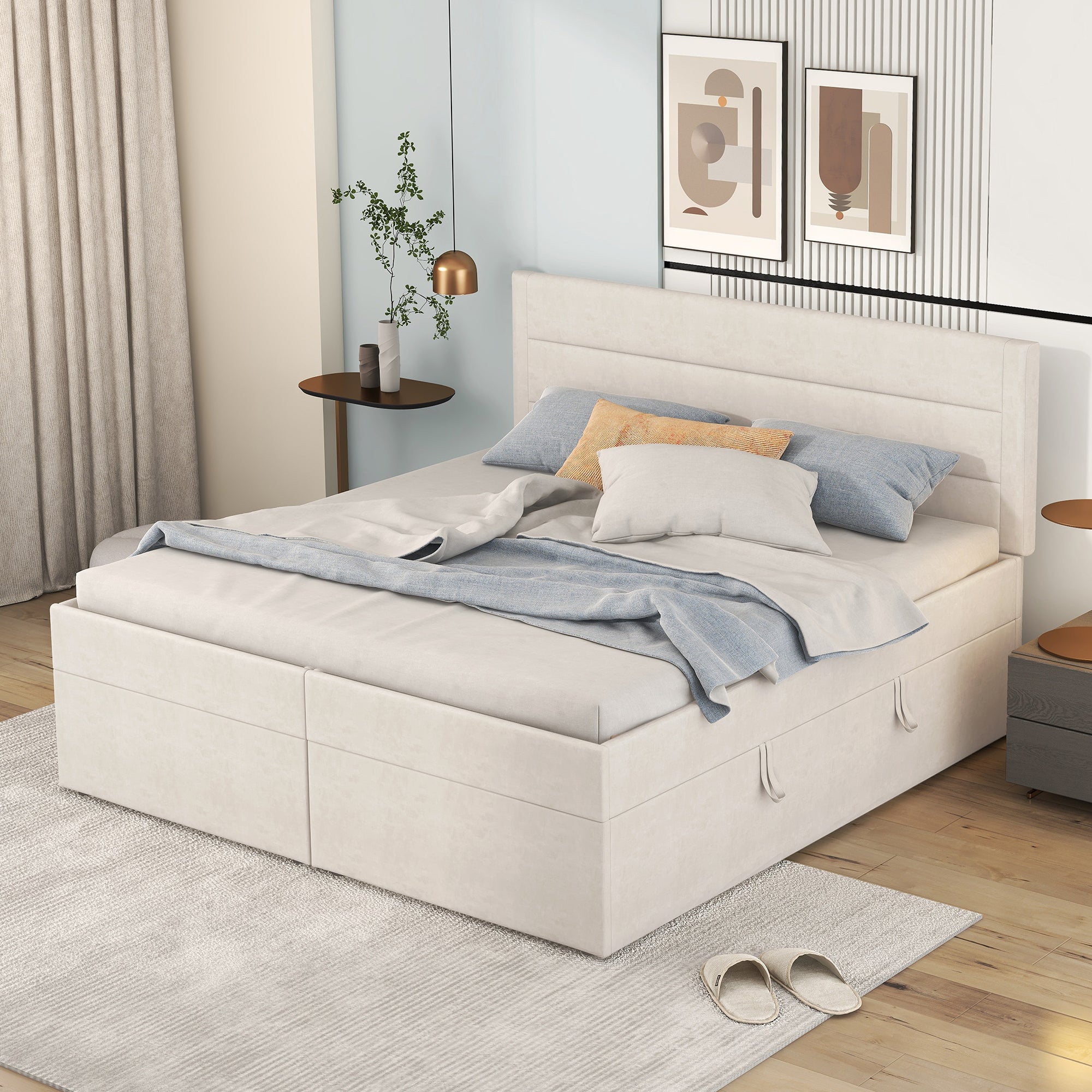 Logidon gestoffeerd bed 140x200 cm beige met opbergruimte en lattenbodem