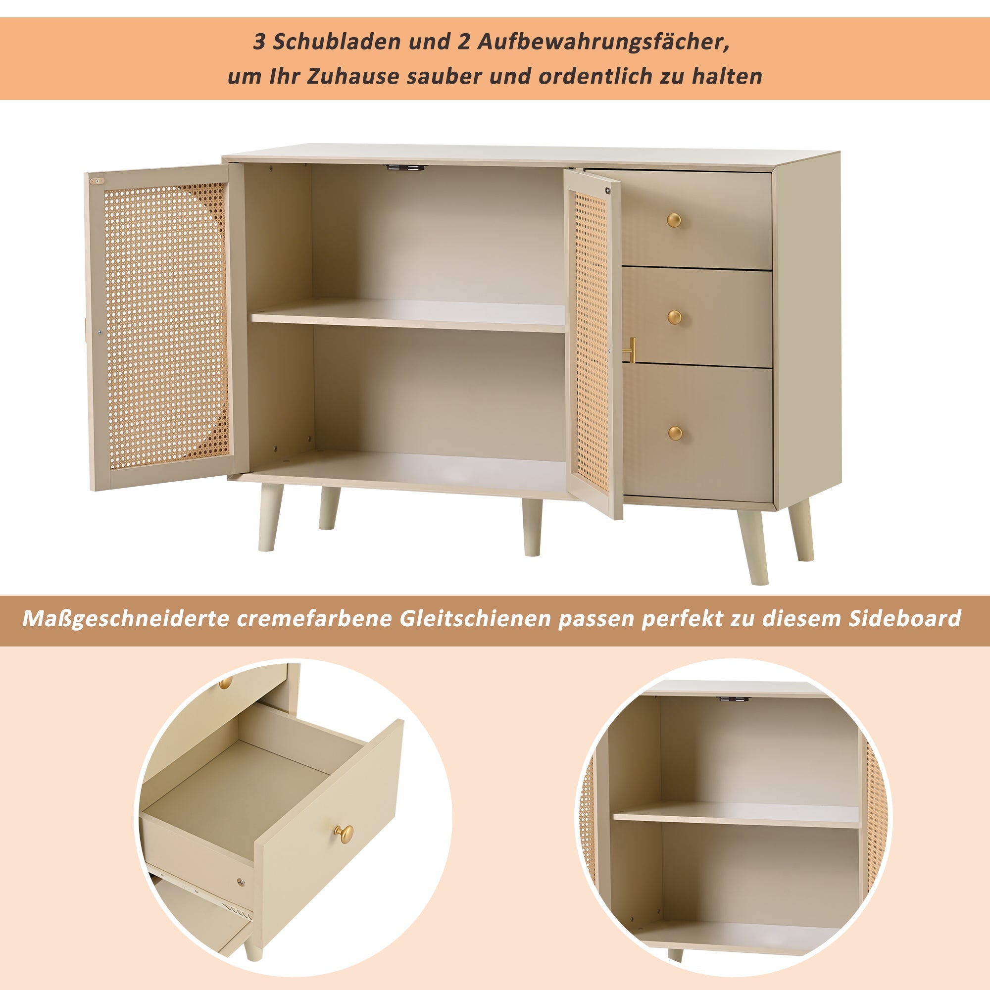 Logidon sideboard 120x40x82.5 cm cream offwhite with 2 doors and 3 drawers