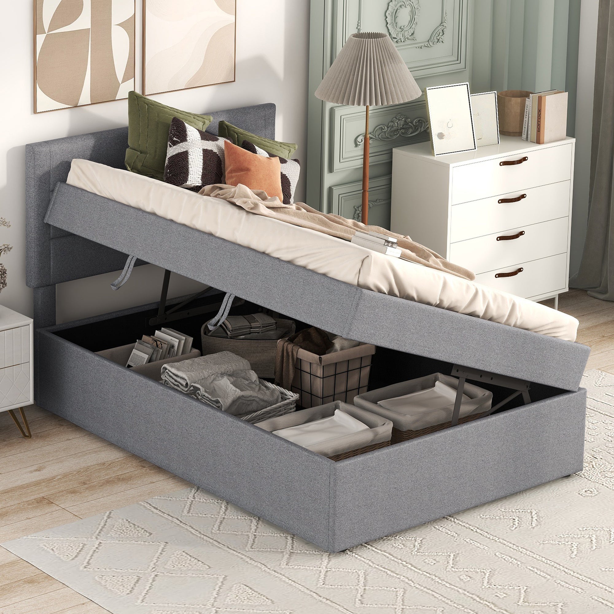 Logidon gestoffeerd bed 90x200 grijs met grote opbergruimte