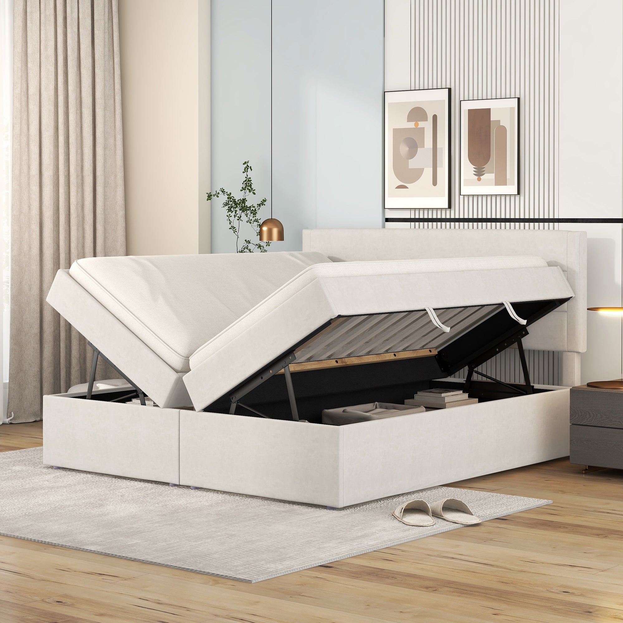 Logidon gestoffeerd bed 140x200 cm beige met opbergruimte en lattenbodem