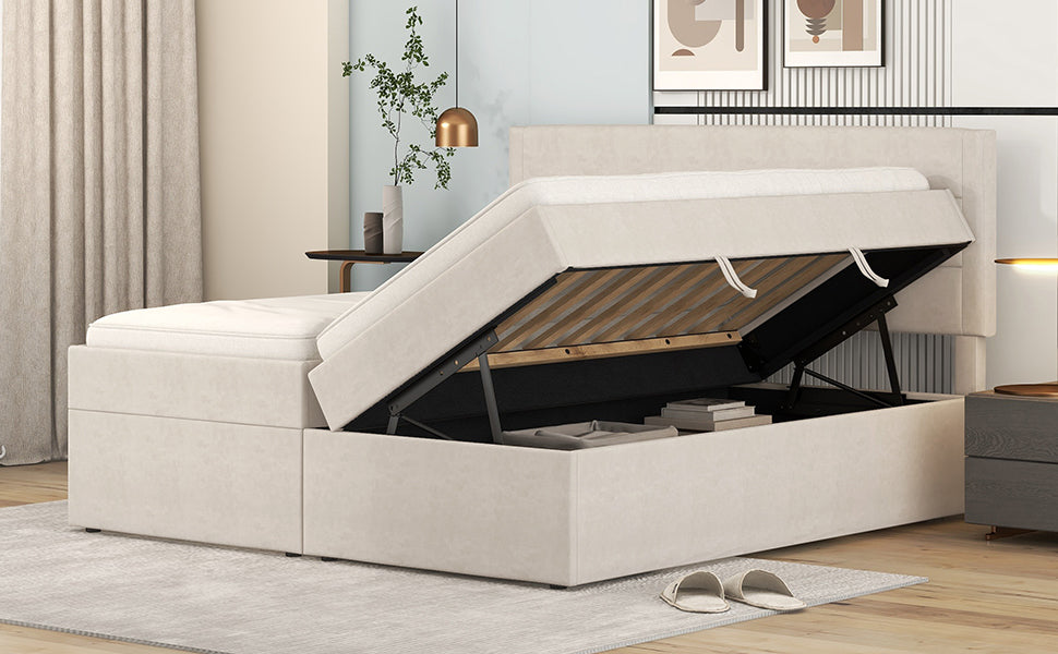Logidon gestoffeerd bed 140x200 cm beige met opbergruimte en lattenbodem