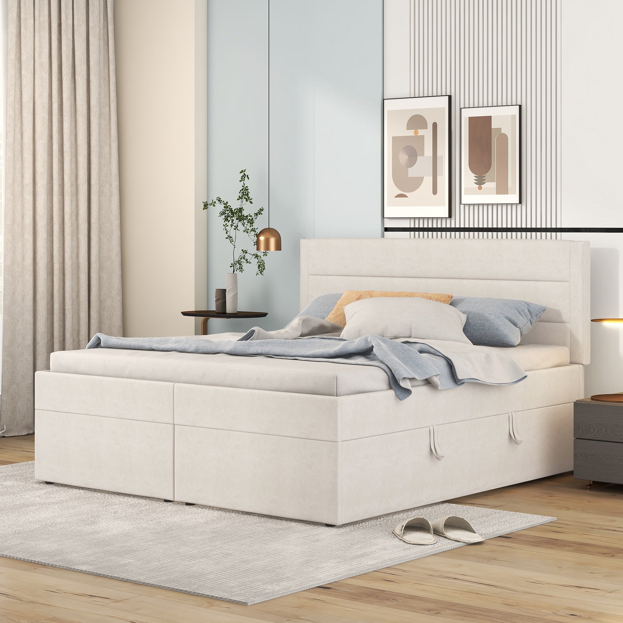 Logidon gestoffeerd bed 140x200 cm beige met opbergruimte en lattenbodem