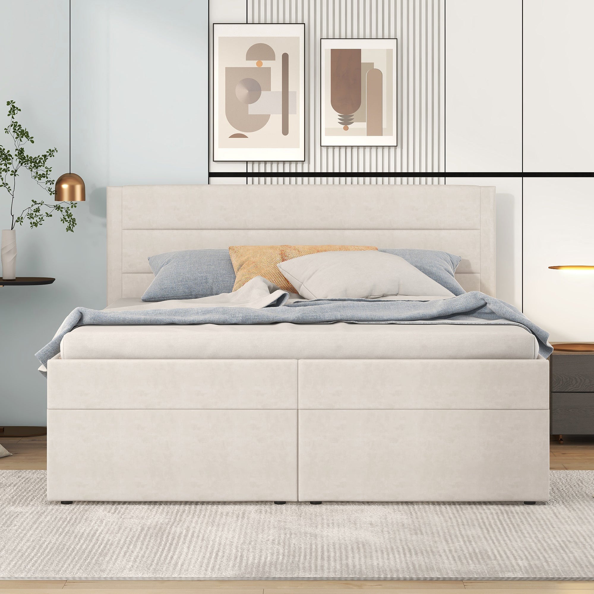 Logidon gestoffeerd bed 140x200 cm beige met opbergruimte en lattenbodem