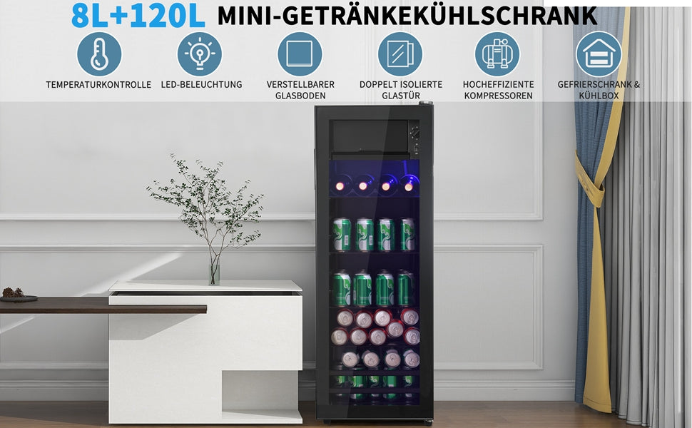 Logidon Minikoelkast 128L Zwart Stille werking 8L vriesgedeelte