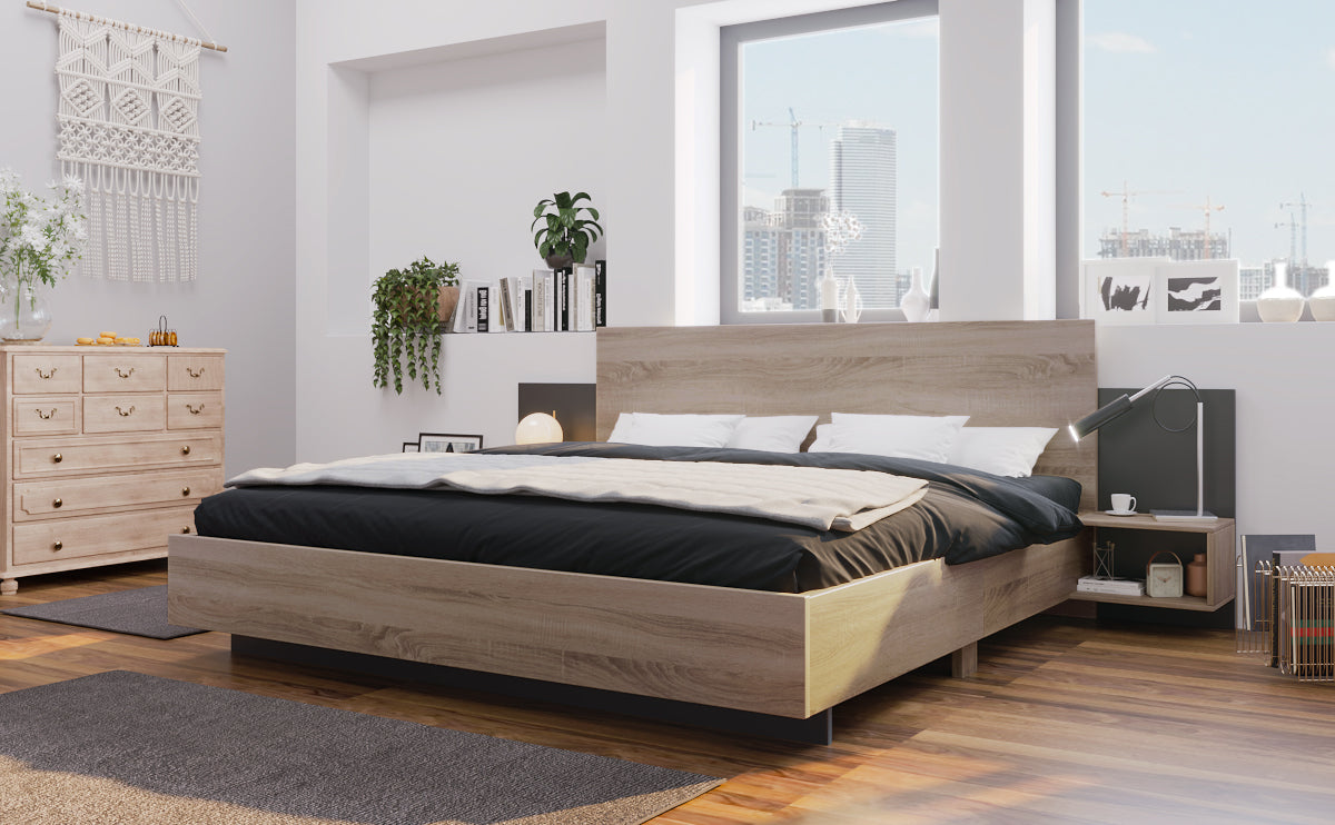 Logidon tweepersoonsbed 160x200 cm houten bedsysteem Sonoma eiken donkergrijs