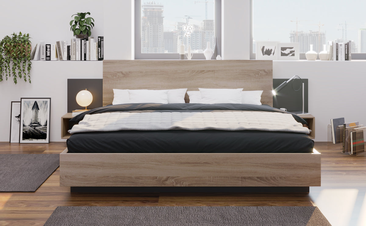 Logidon tweepersoonsbed 160x200 cm houten bedsysteem Sonoma eiken donkergrijs