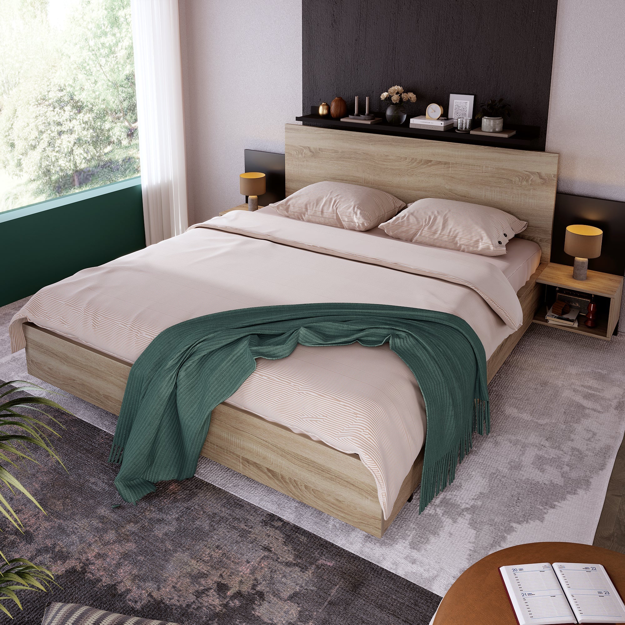 Logidon tweepersoonsbed 160x200 cm houten bedsysteem Sonoma eiken donkergrijs