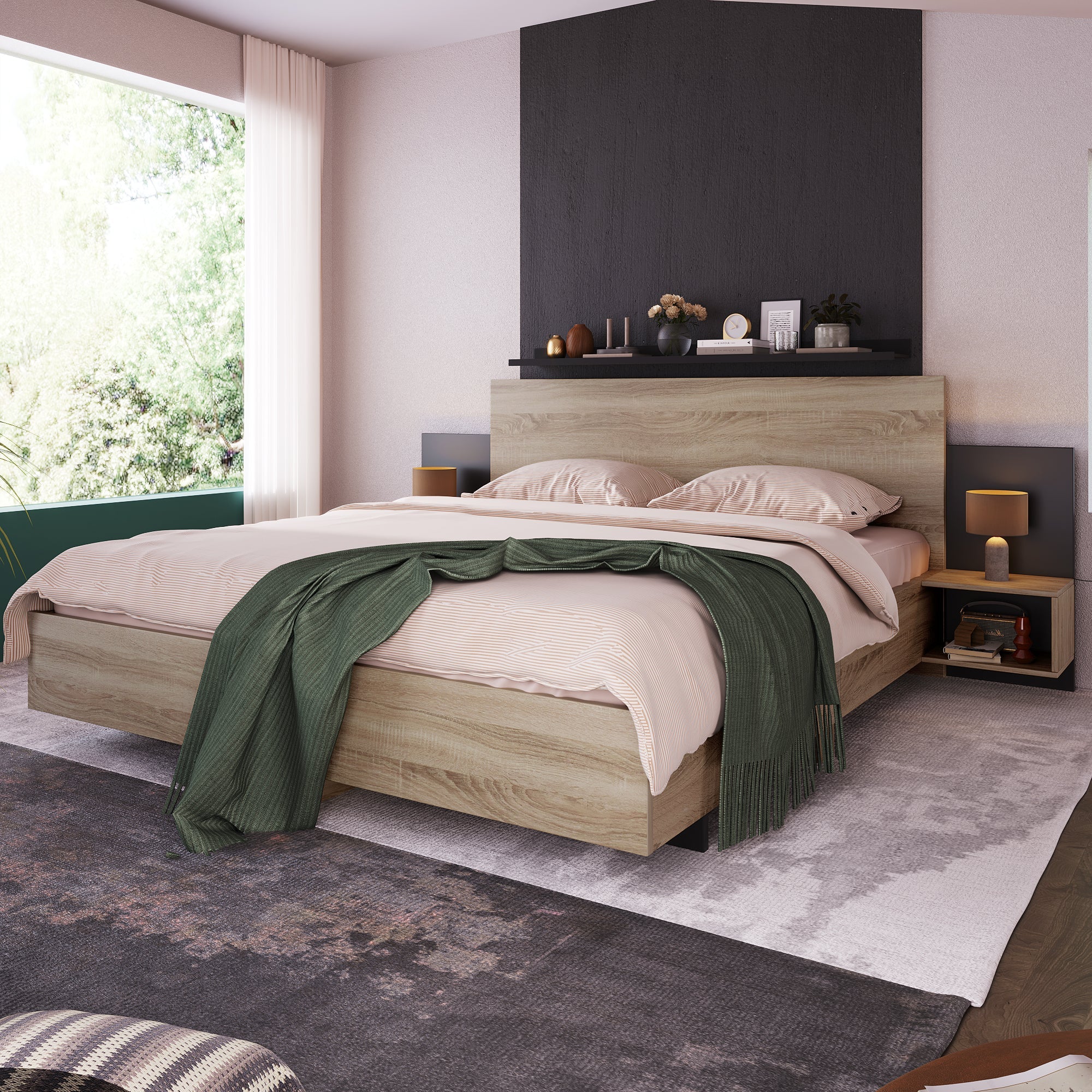 Logidon tweepersoonsbed 160x200 cm houten bedsysteem Sonoma eiken donkergrijs