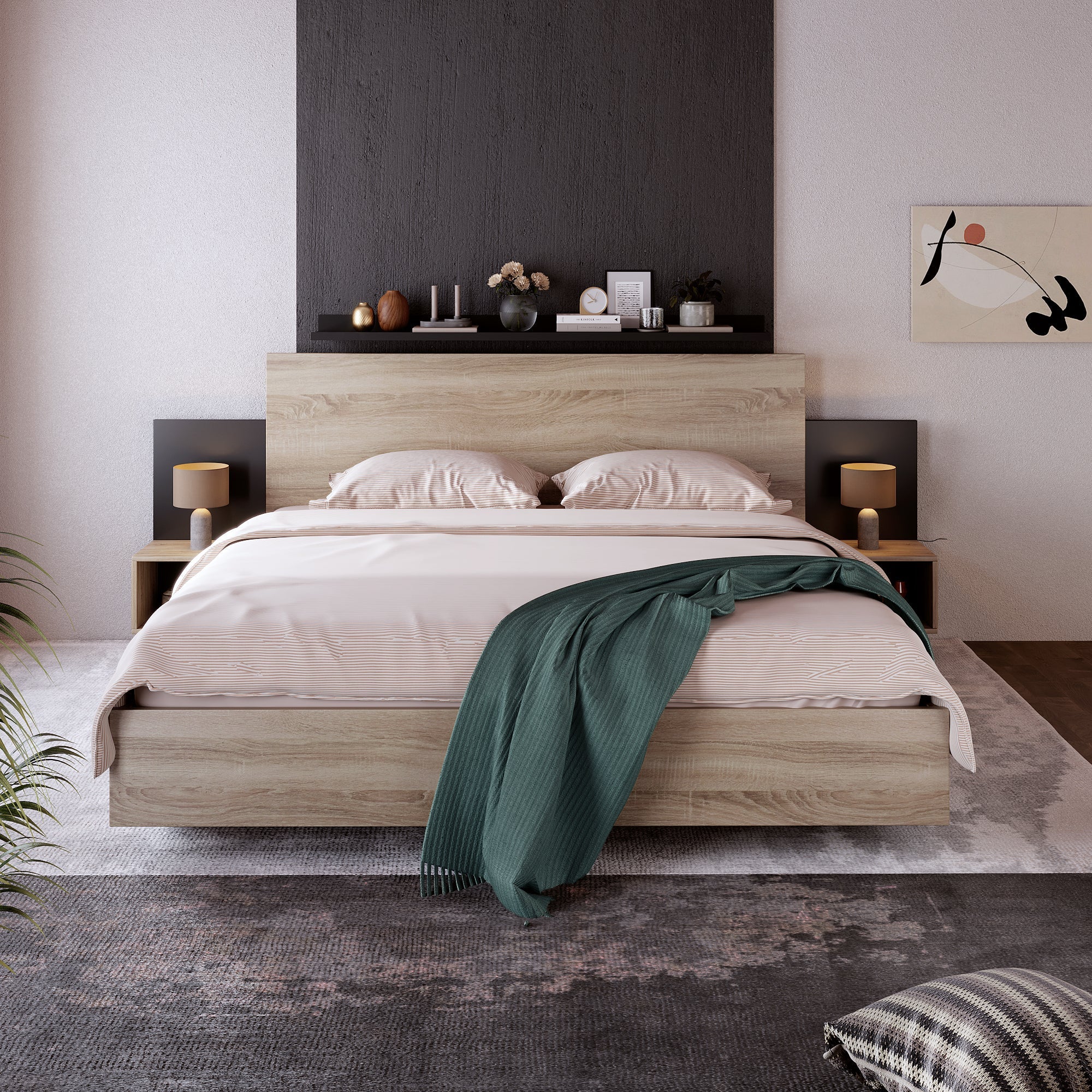 Logidon tweepersoonsbed 160x200 cm houten bedsysteem Sonoma eiken donkergrijs