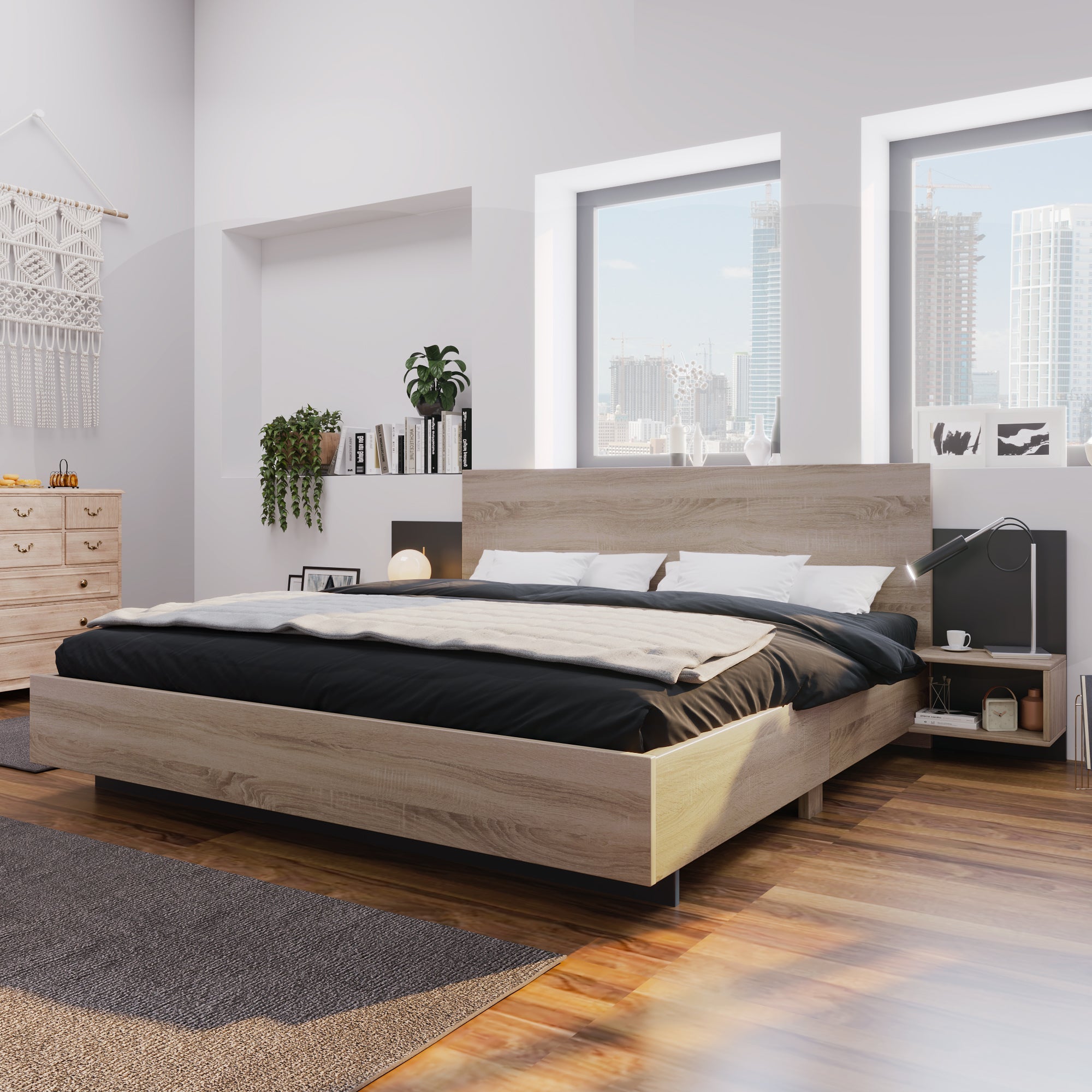 Logidon tweepersoonsbed 160x200 cm houten bedsysteem Sonoma eiken donkergrijs