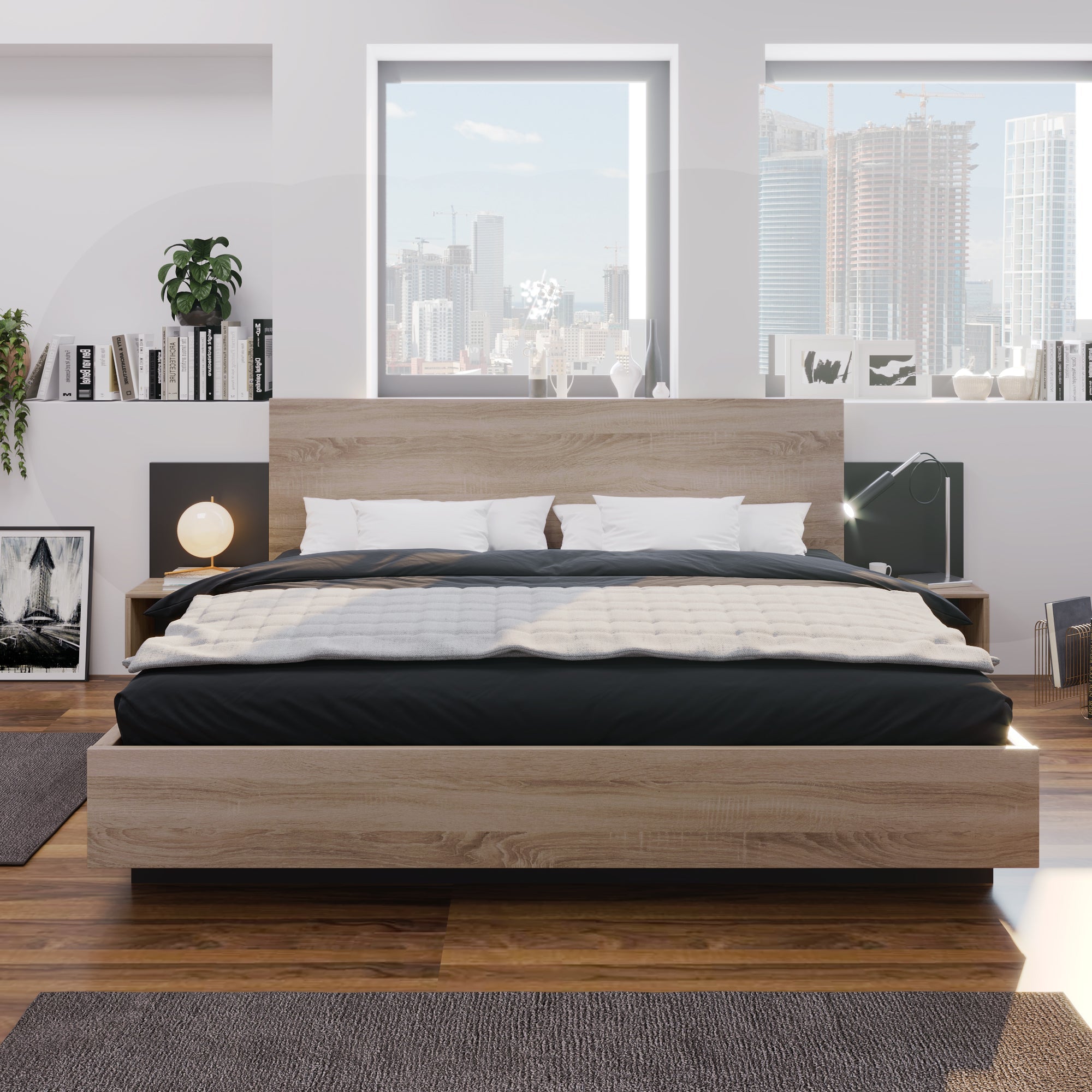 Logidon tweepersoonsbed 160x200 cm houten bedsysteem Sonoma eiken donkergrijs