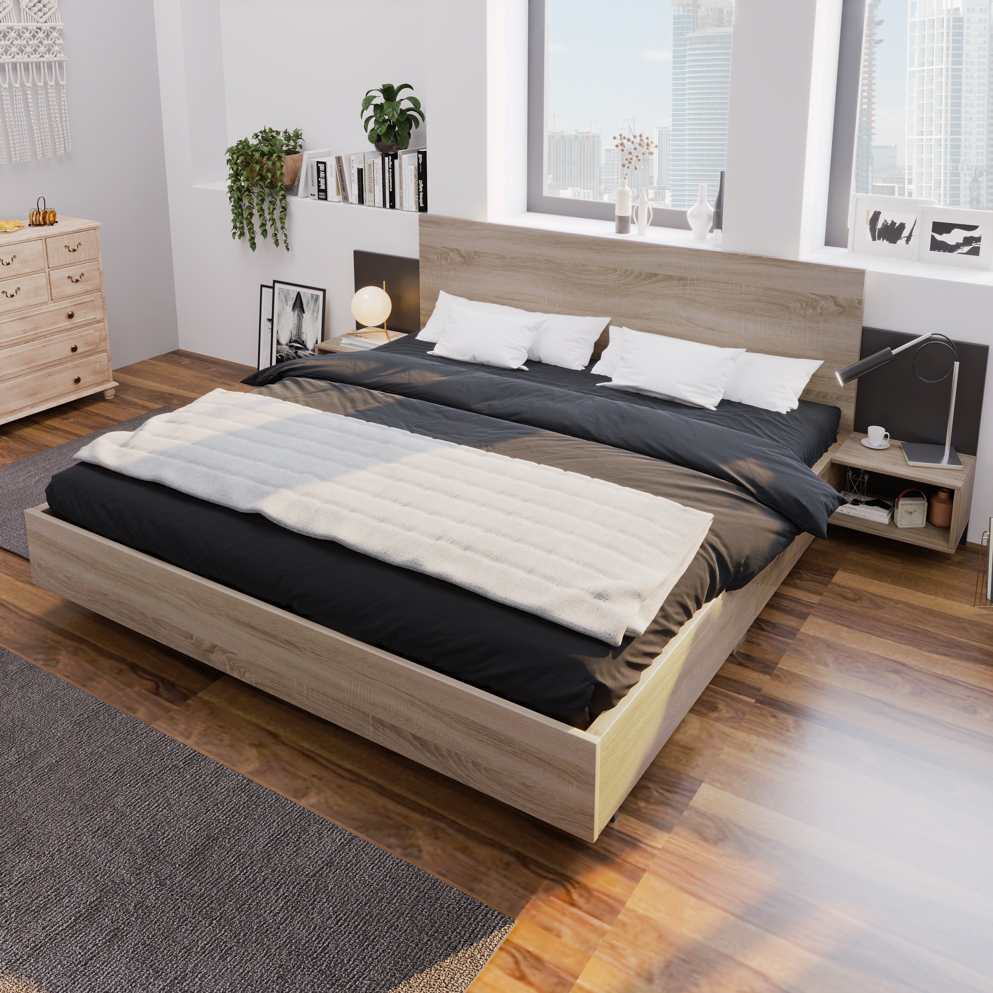 Logidon tweepersoonsbed 160x200 cm houten bedsysteem Sonoma eiken donkergrijs