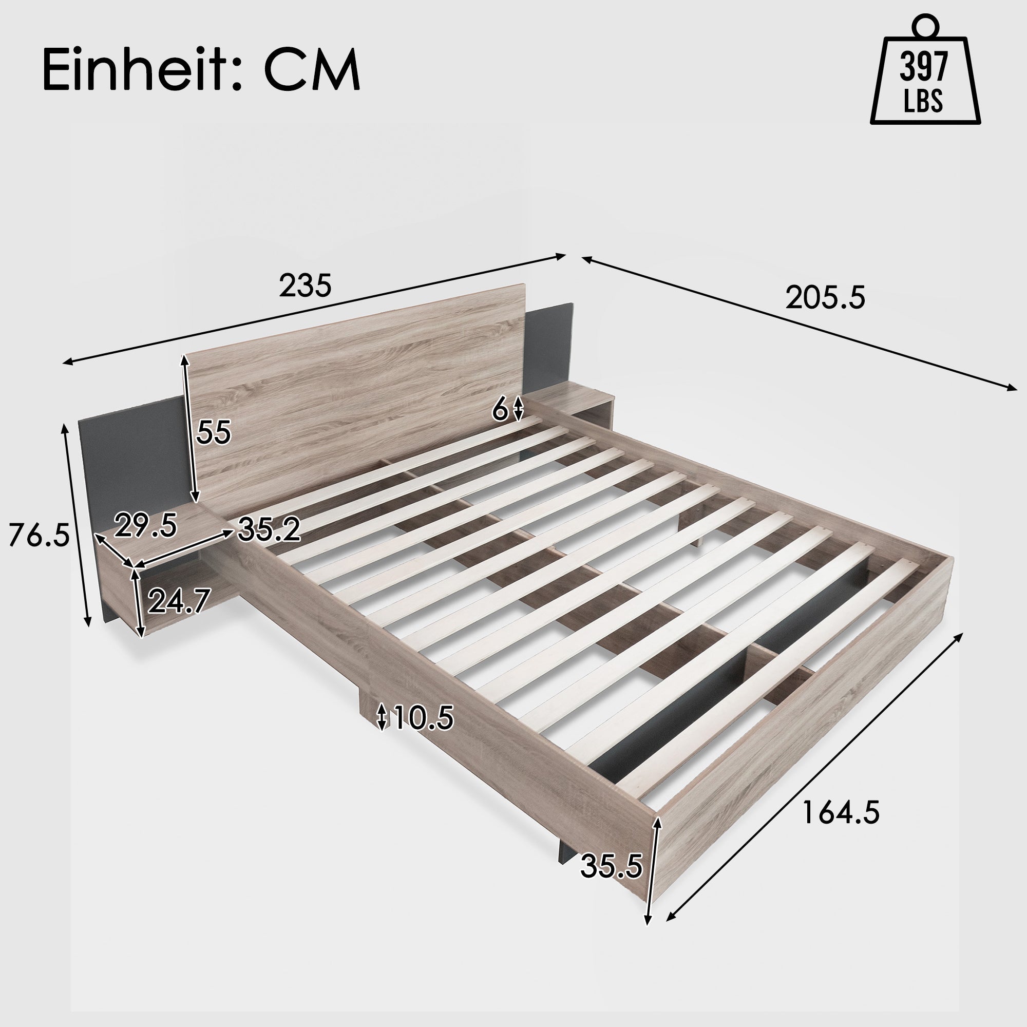 Logidon tweepersoonsbed 160x200 cm houten bedsysteem Sonoma eiken donkergrijs