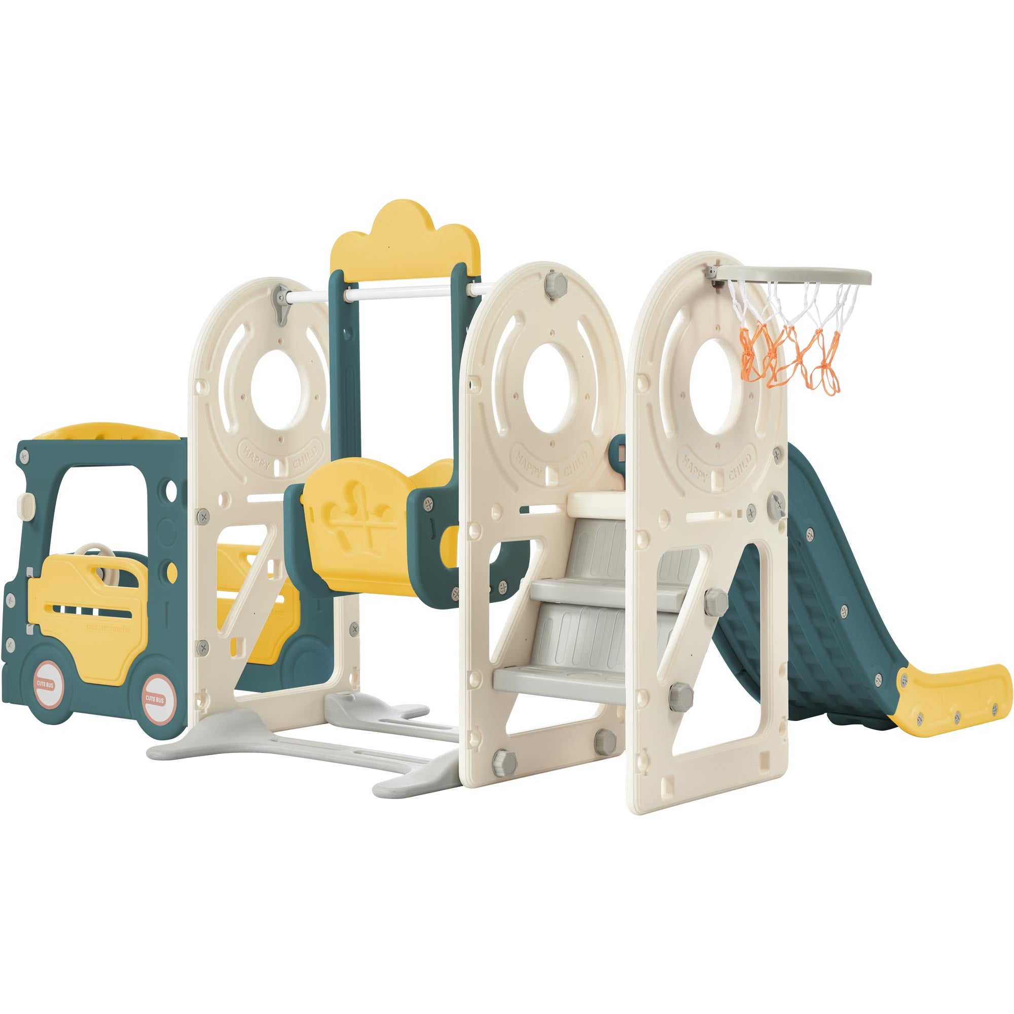 Logidon 5-in-1 kinderspeelset Groene Bus Schommel Glijbaan Laddermand