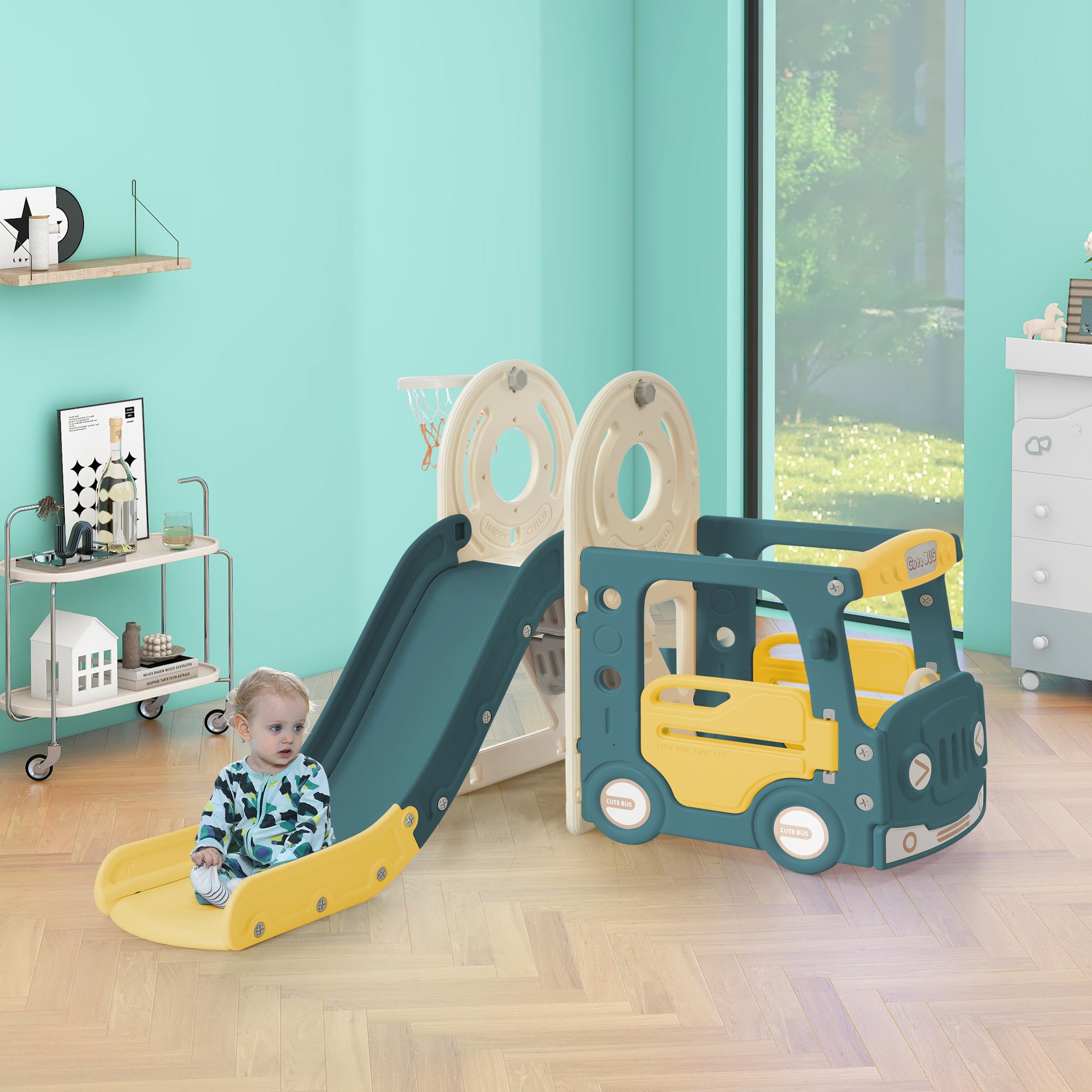 Logidon 4 In 1 Kinderglijbaan Antiek Groen HDPE Busglijbaan Ladder