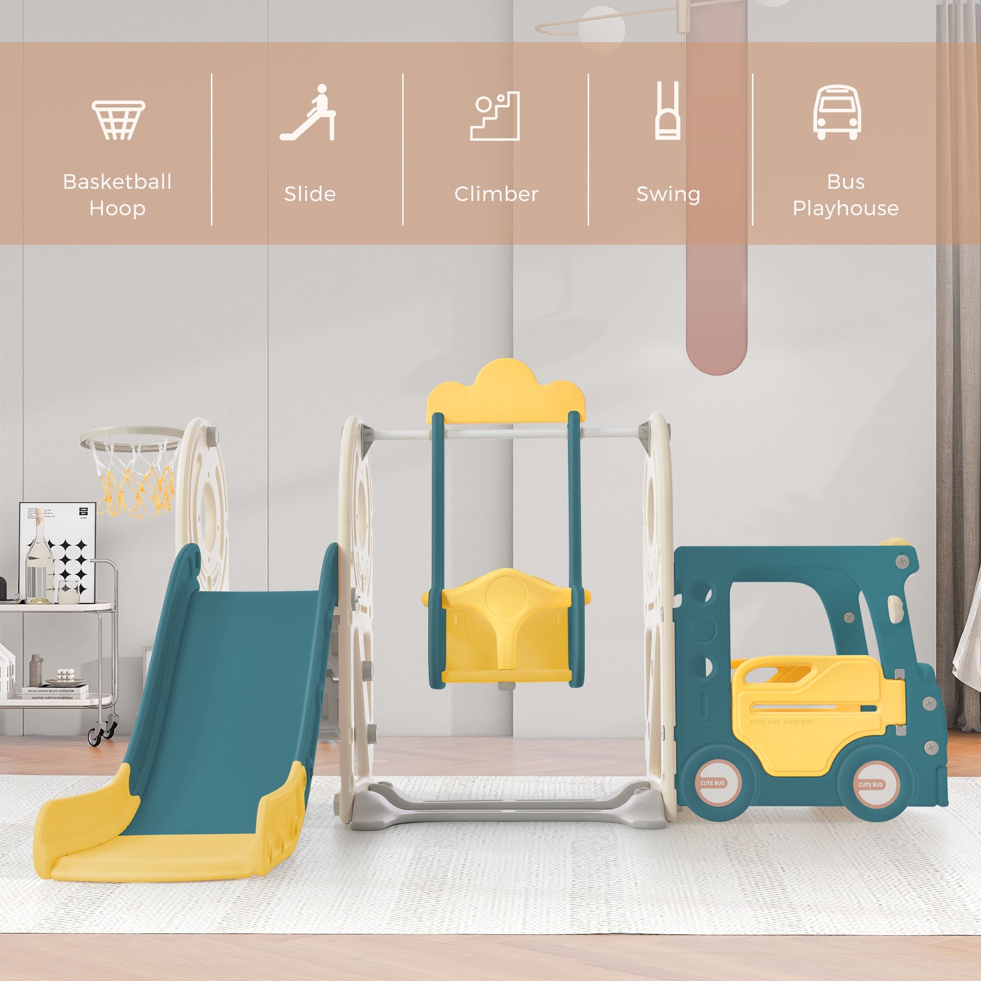 Logidon 5-in-1 kinderspeelset Groene Bus Schommel Glijbaan Laddermand