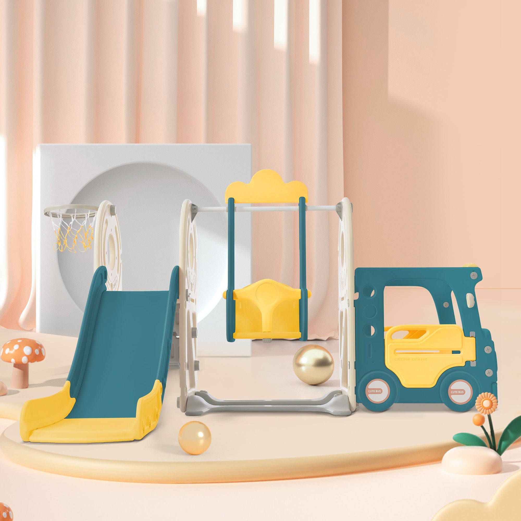 Logidon 5-in-1 kinderspeelset Groene Bus Schommel Glijbaan Laddermand