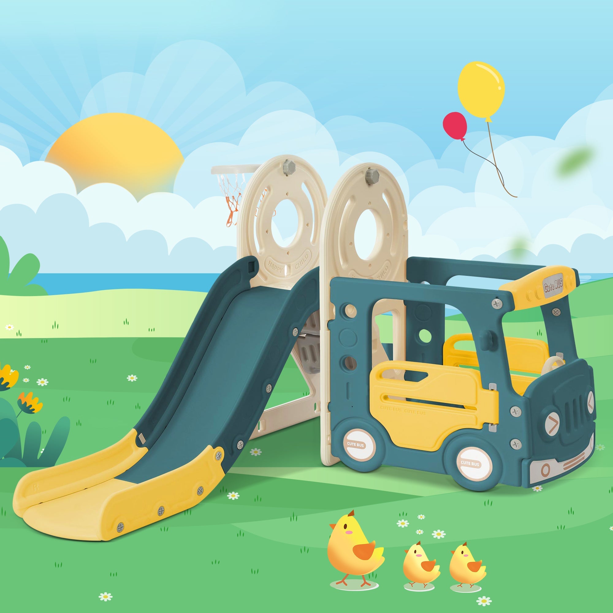Logidon 4 In 1 Kinderglijbaan Antiek Groen HDPE Busglijbaan Ladder