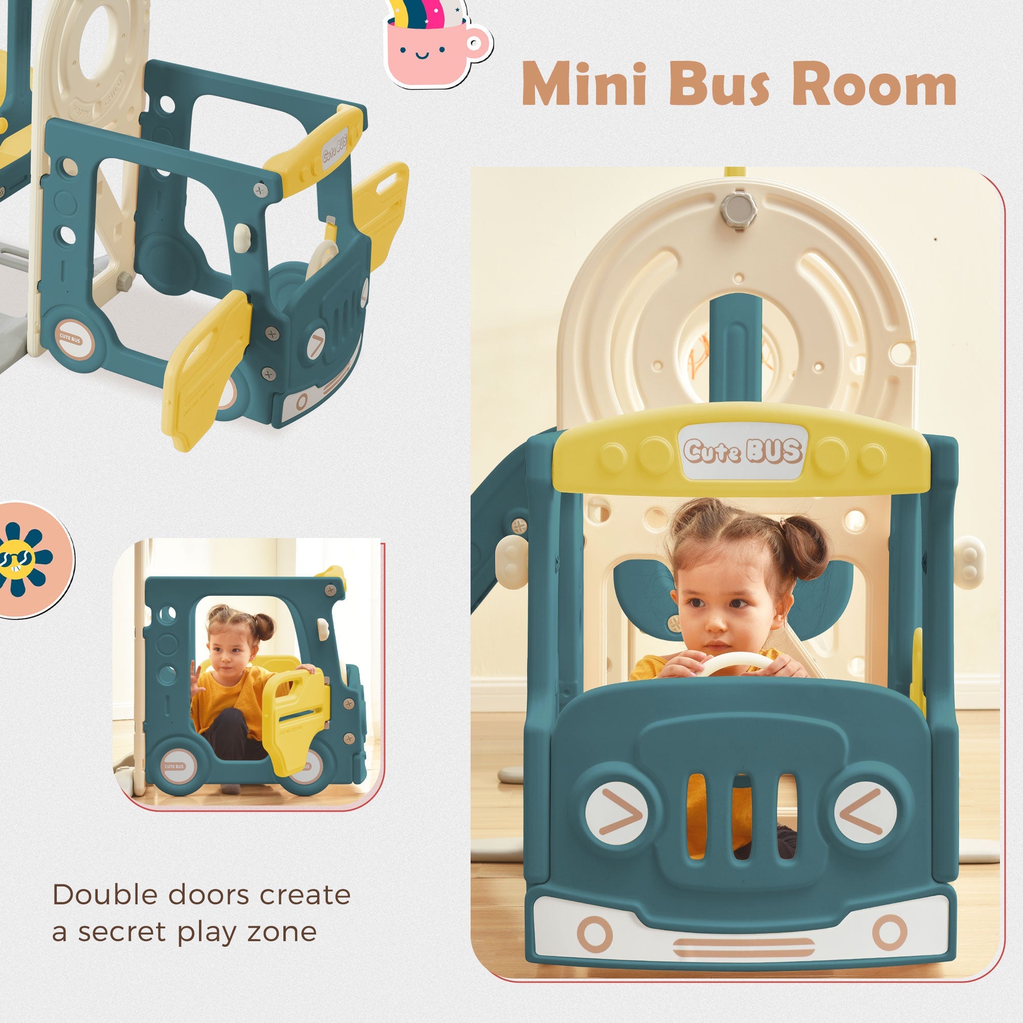 Logidon 5-in-1 kinderspeelset Groene Bus Schommel Glijbaan Laddermand