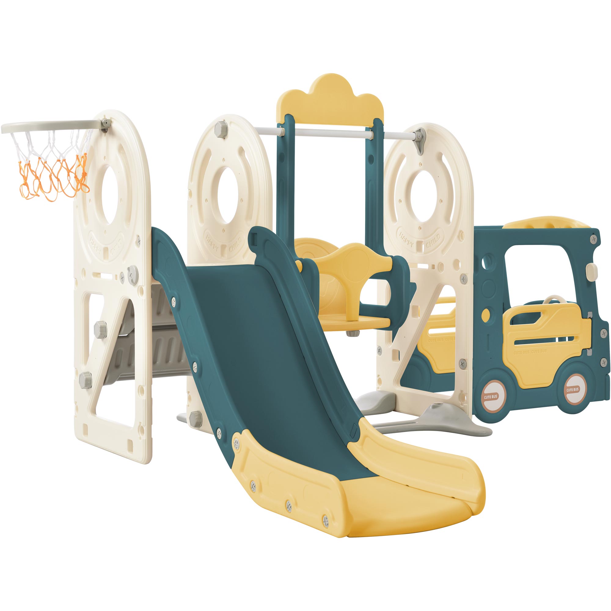 Logidon 5-in-1 kinderspeelset Groene Bus Schommel Glijbaan Laddermand