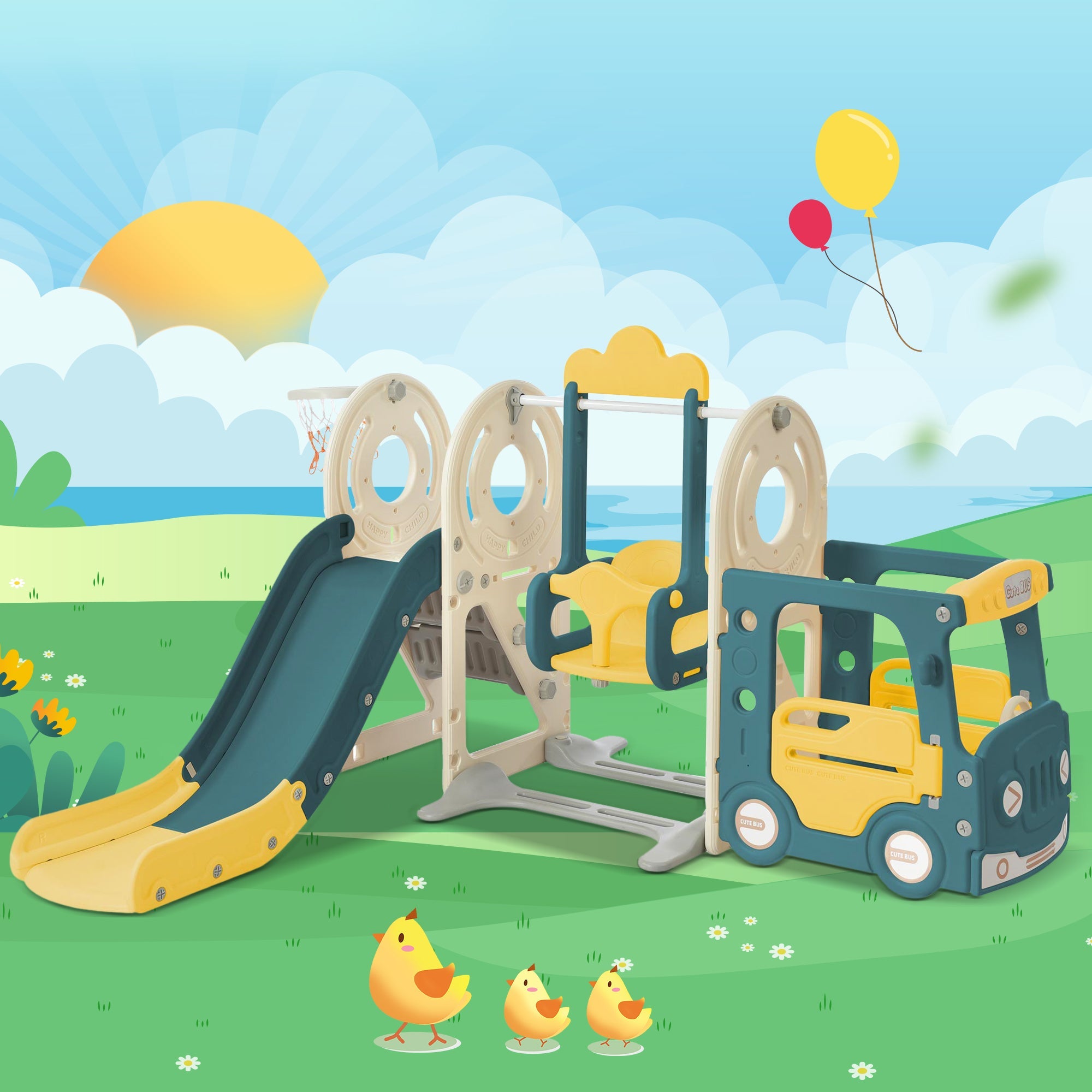 Logidon 5-in-1 kinderspeelset Groene Bus Schommel Glijbaan Laddermand