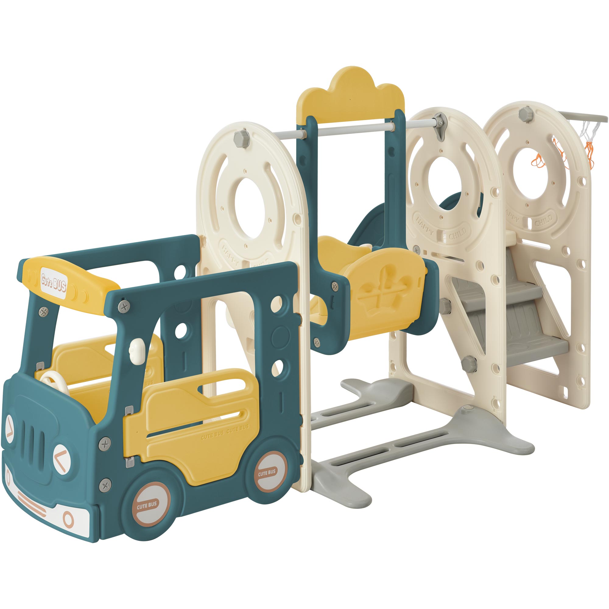 Logidon 5-in-1 kinderspeelset Groene Bus Schommel Glijbaan Laddermand