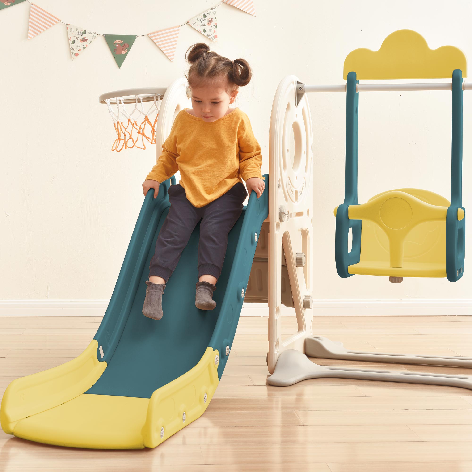 Logidon 5-in-1 kinderspeelset Groene Bus Schommel Glijbaan Laddermand