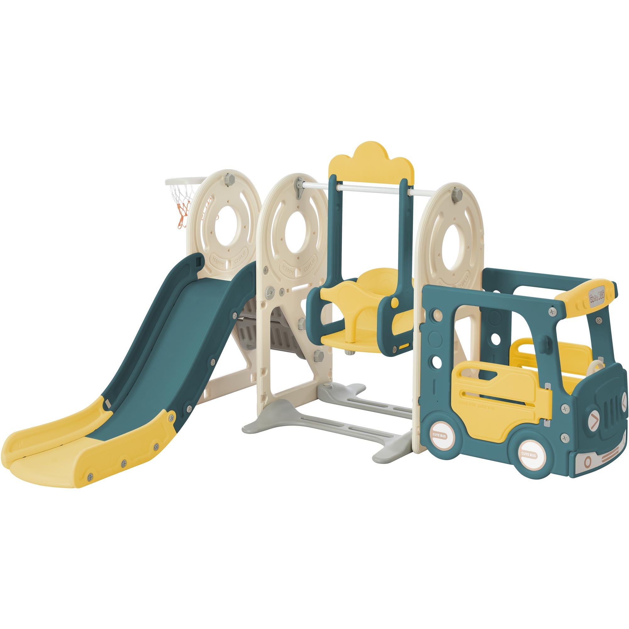 Logidon 5-in-1 kinderspeelset Groene Bus Schommel Glijbaan Laddermand