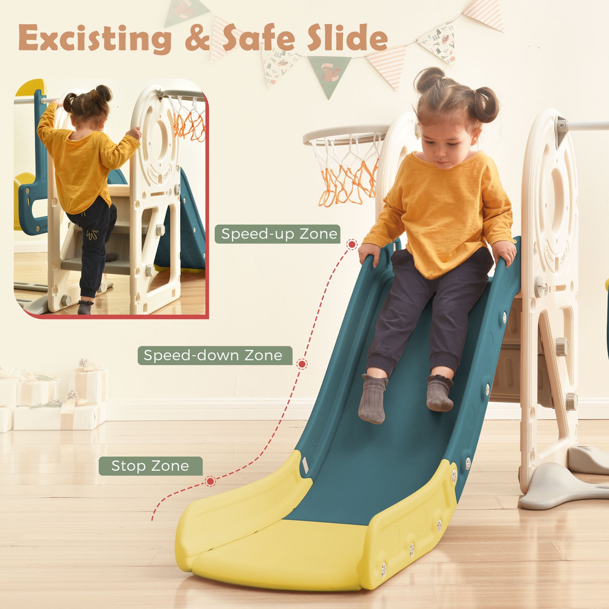 Logidon 5-in-1 kinderspeelset Groene Bus Schommel Glijbaan Laddermand