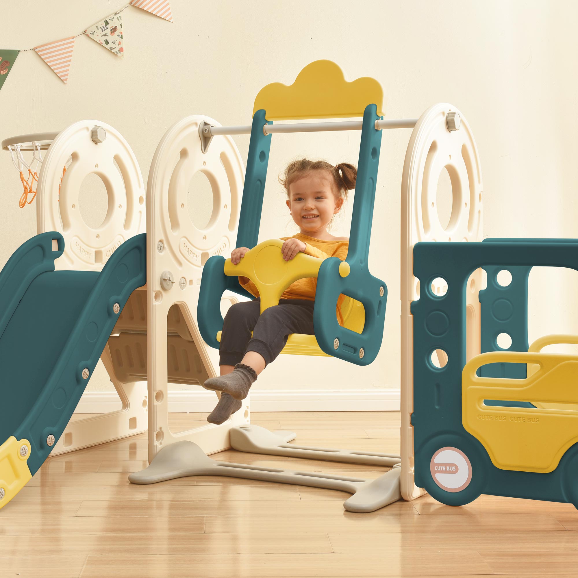 Logidon 5-in-1 kinderspeelset Groene Bus Schommel Glijbaan Laddermand
