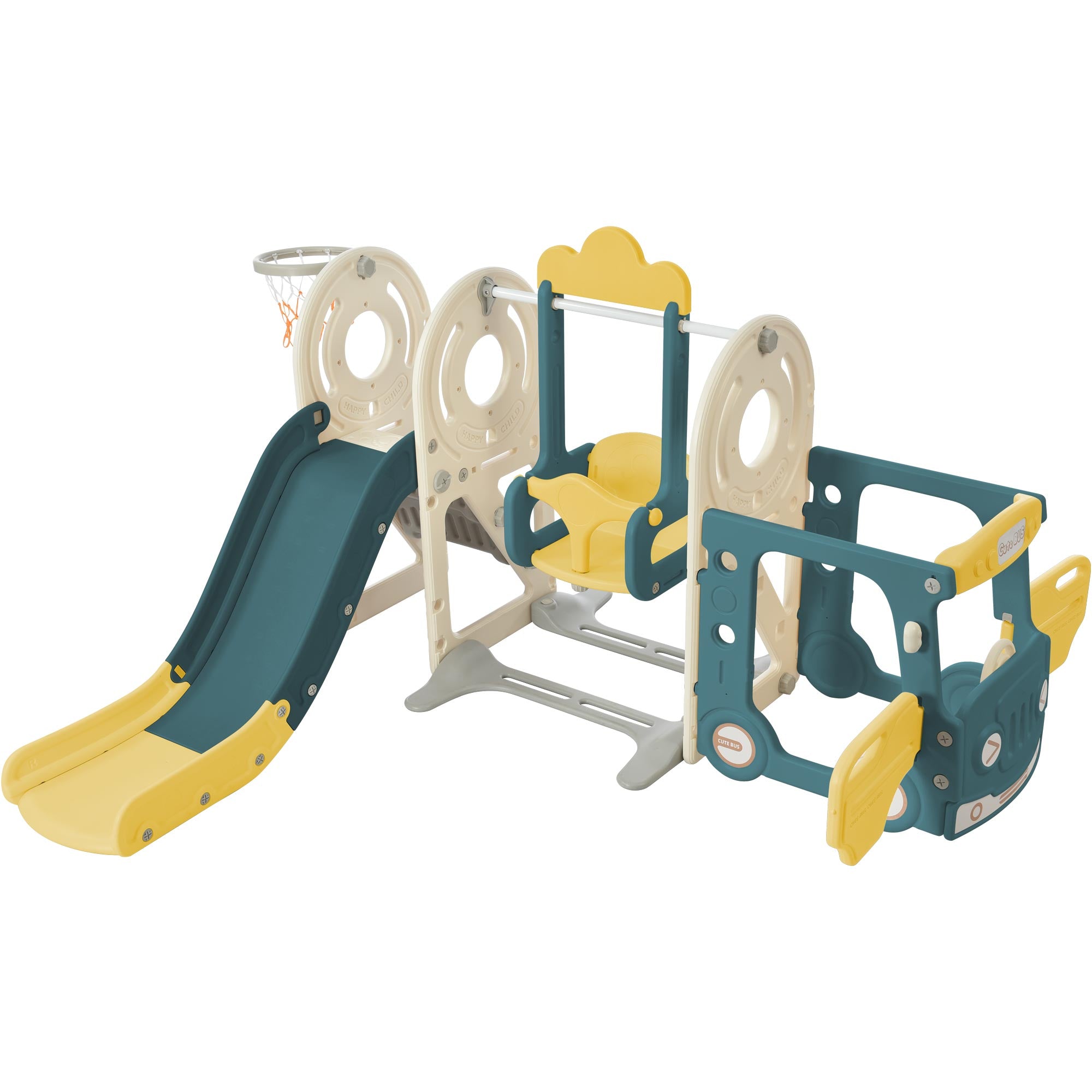 Logidon 5-in-1 kinderspeelset Groene Bus Schommel Glijbaan Laddermand