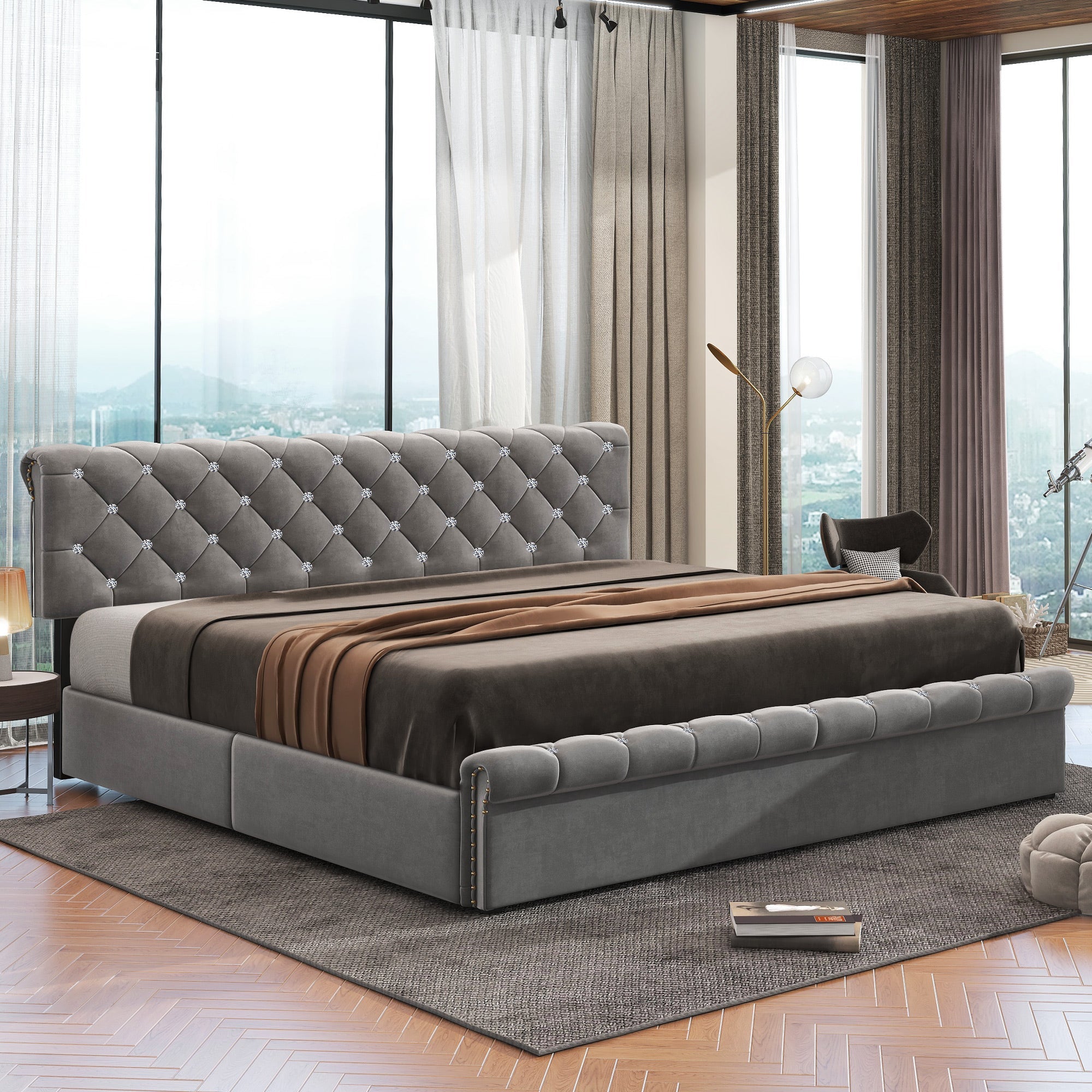 Logidon upholstered bed 160x200 gray velvet with height-adjustable headboard