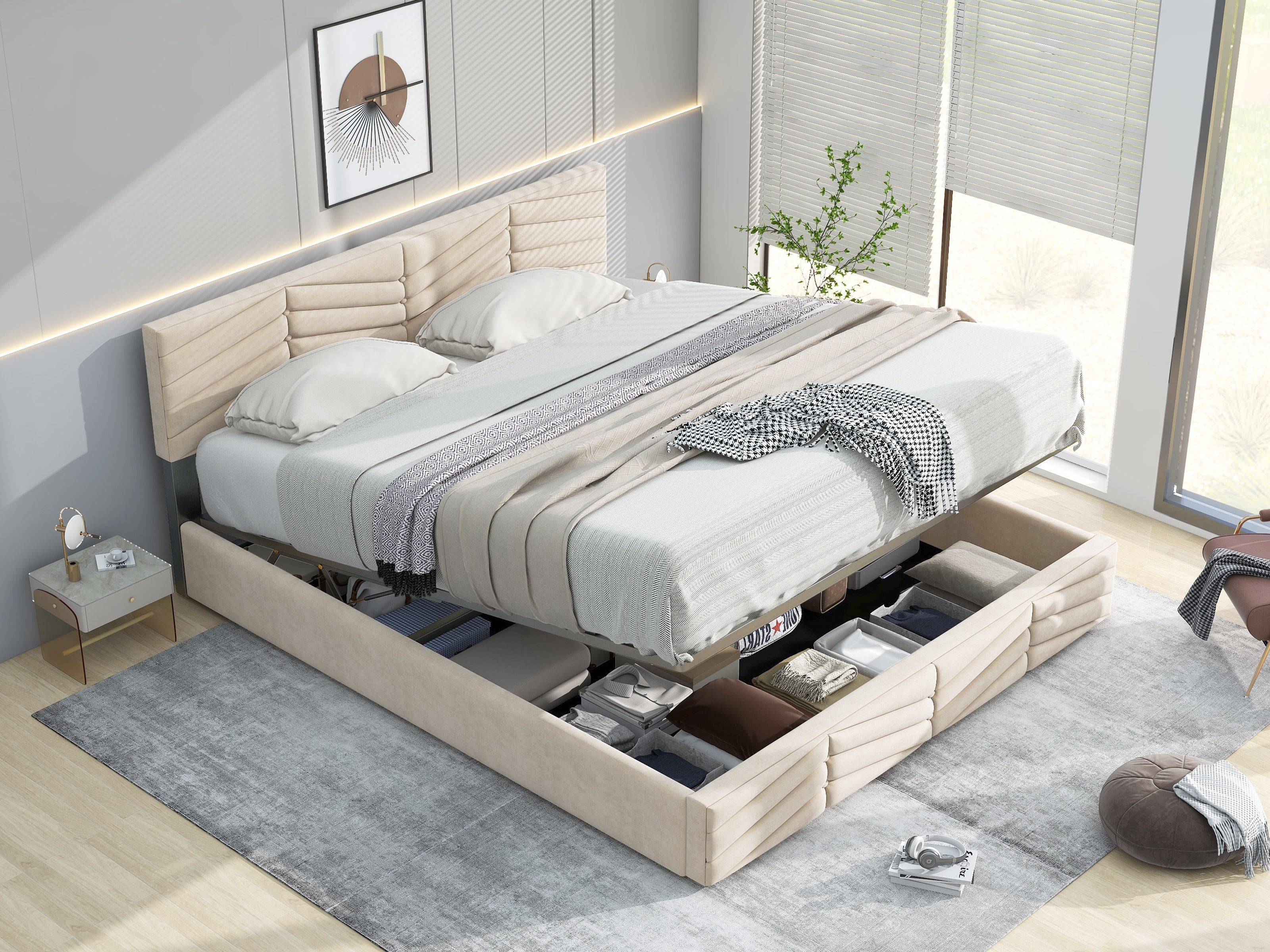 Logidon gestoffeerd bed 140x200 cm beige fluweel verstelbaar hoofdeinde